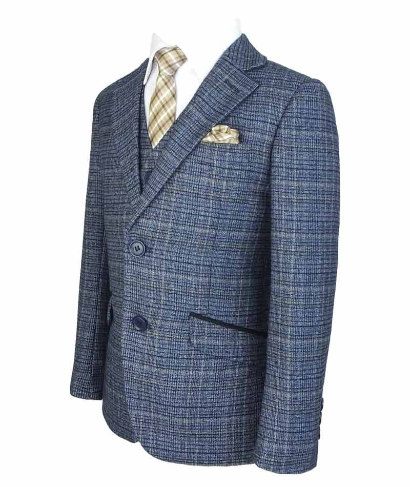 Boys Tweed Check Sky Blue Suit Set - Sky Blue