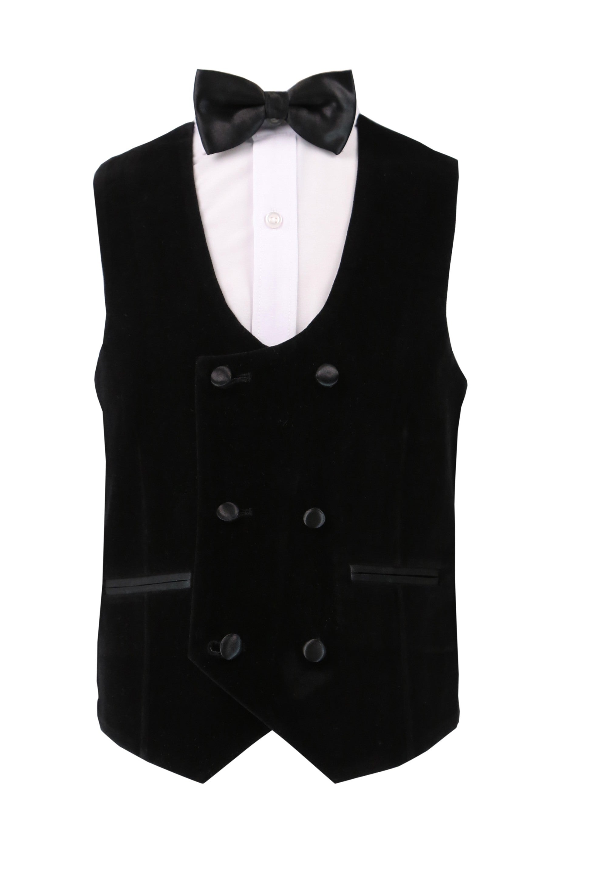 Boys Velvet Tuxedo Suit with Double-breasted Vest - Black