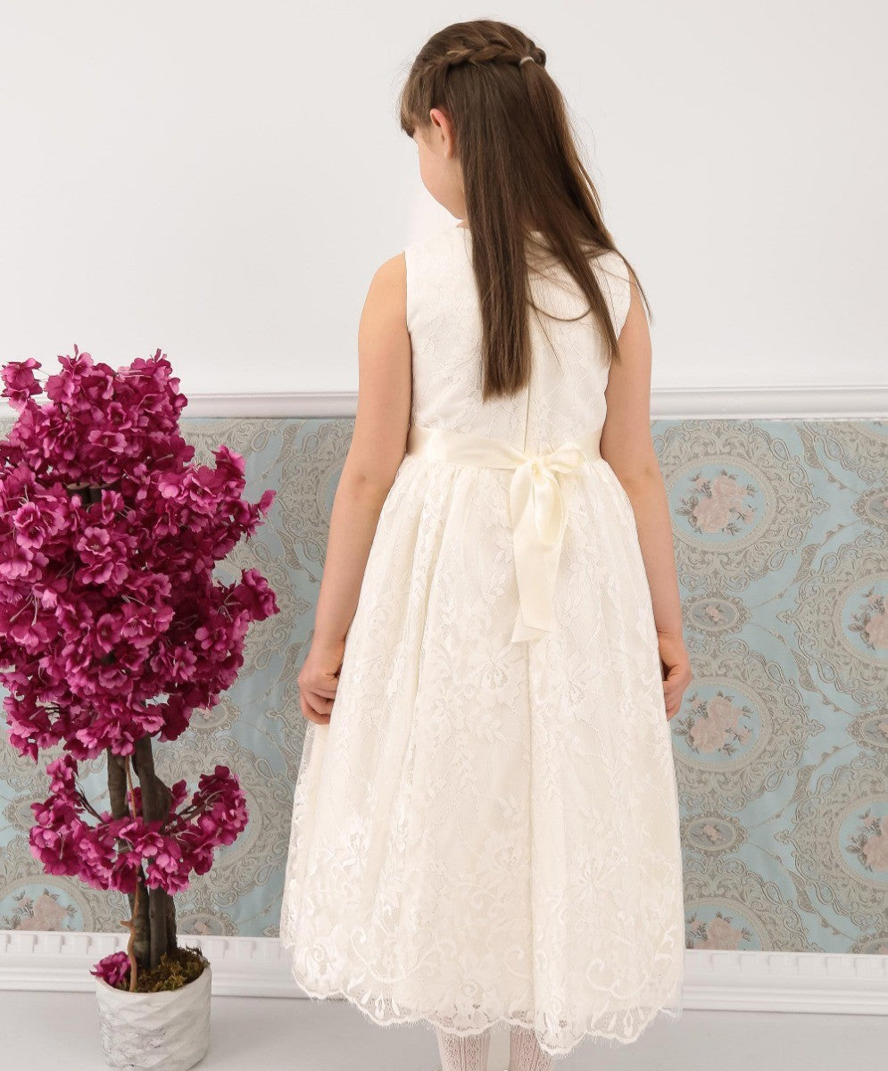 Girls Sleeveless Lace Embroidered Dress - Ivory