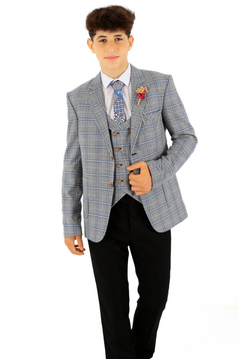 Boys Windowpane Check Slim Fit Suit - Blue - Black