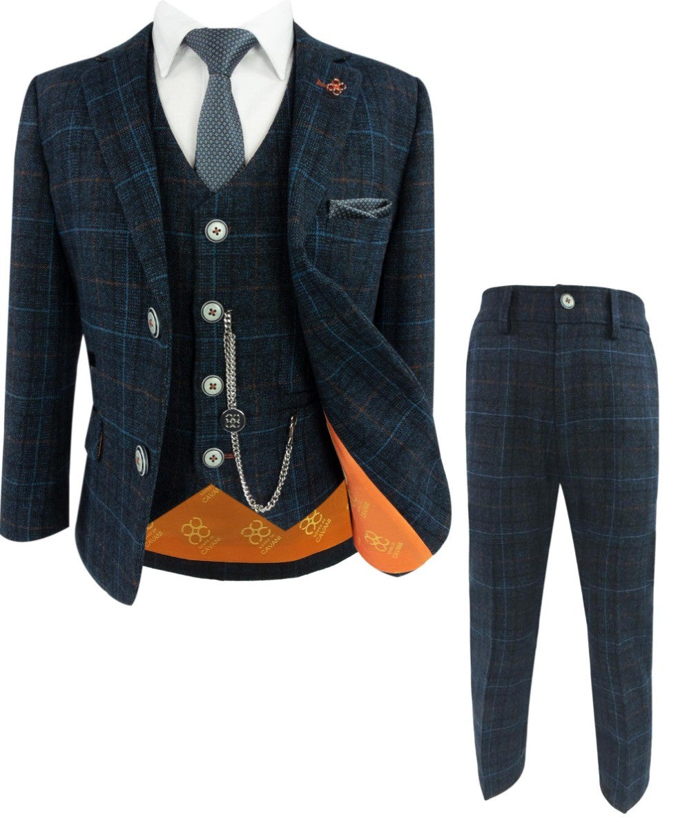 Boys Tweed Windowpane Check Suit - CODY Blue - Navy Blue