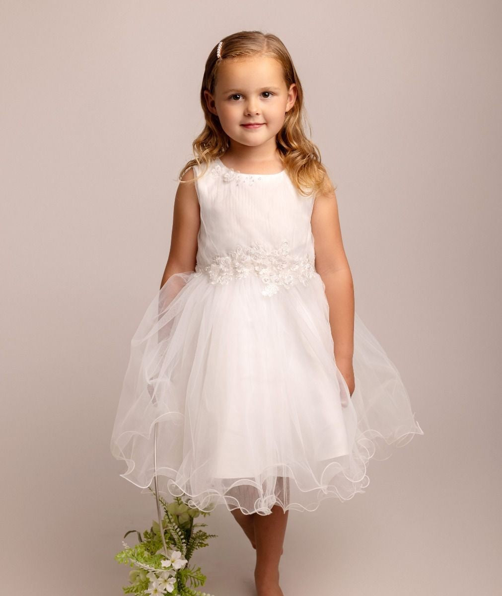 Girls Ivory Floral Appliques Tulle Dress - Monica - Ivory