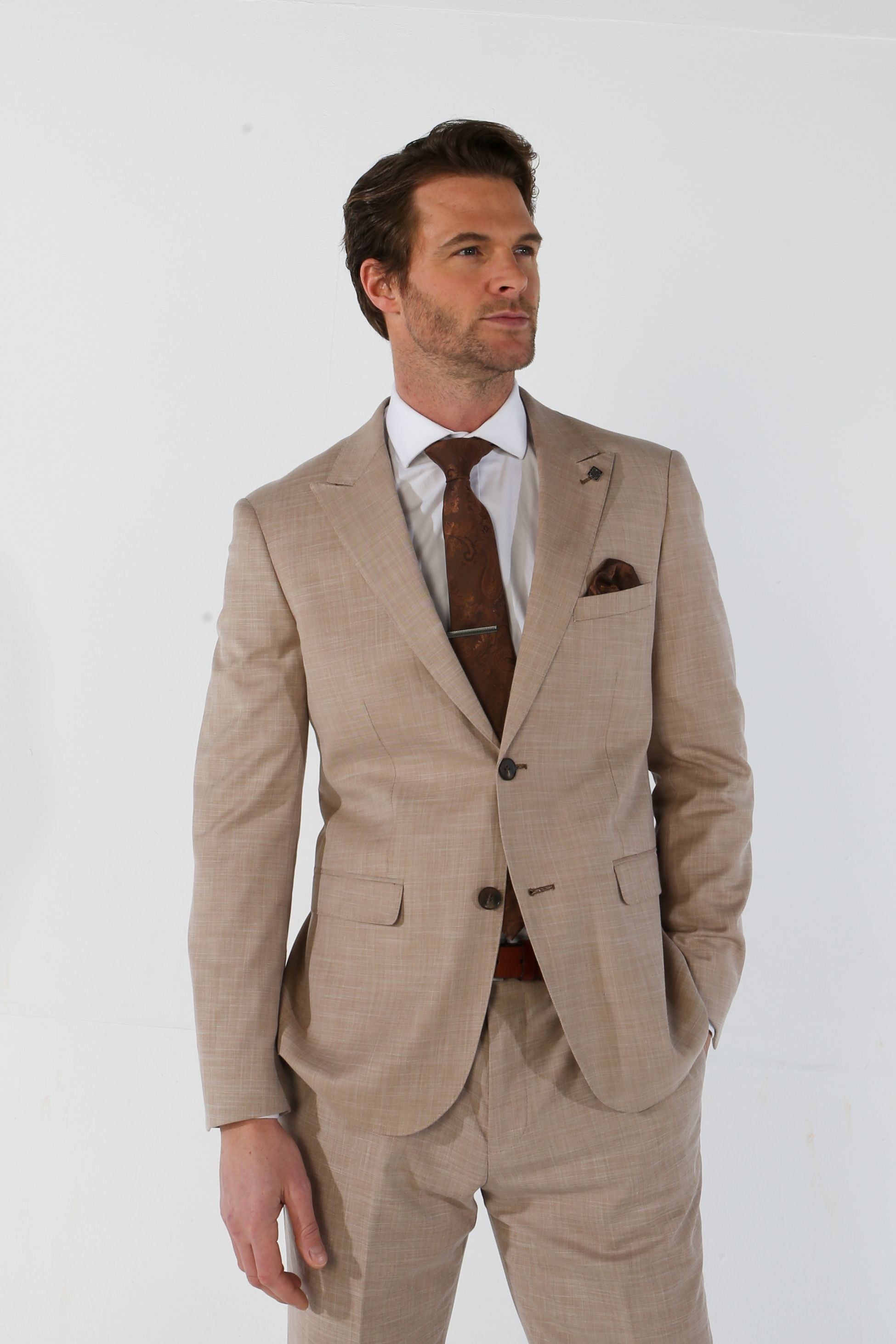 Men's Tailored Fit Plaid Suit Jacket - KURT - Beige