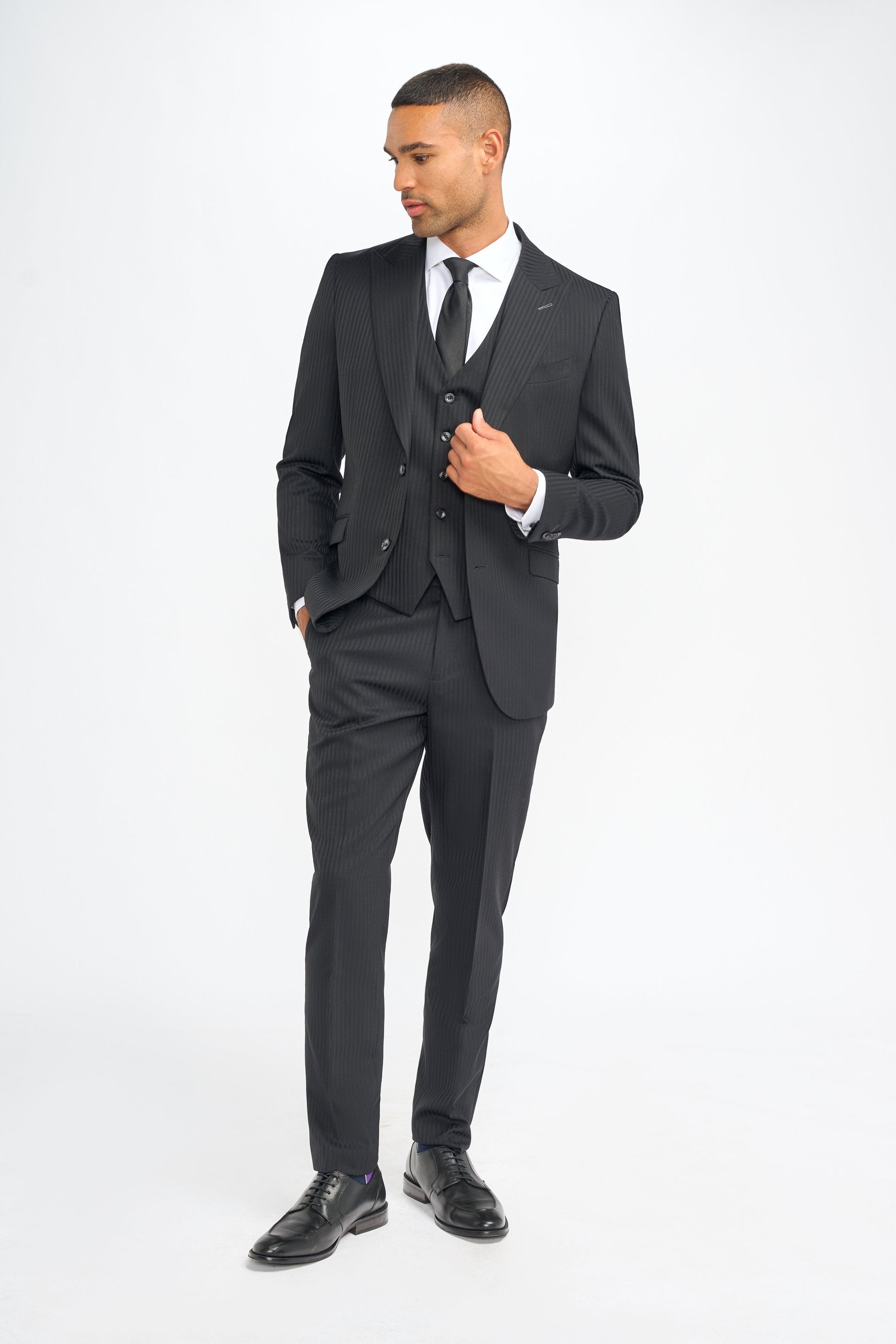 Men’s 3 Piece Black Wool Pinstripe Suit - Roberto - Black