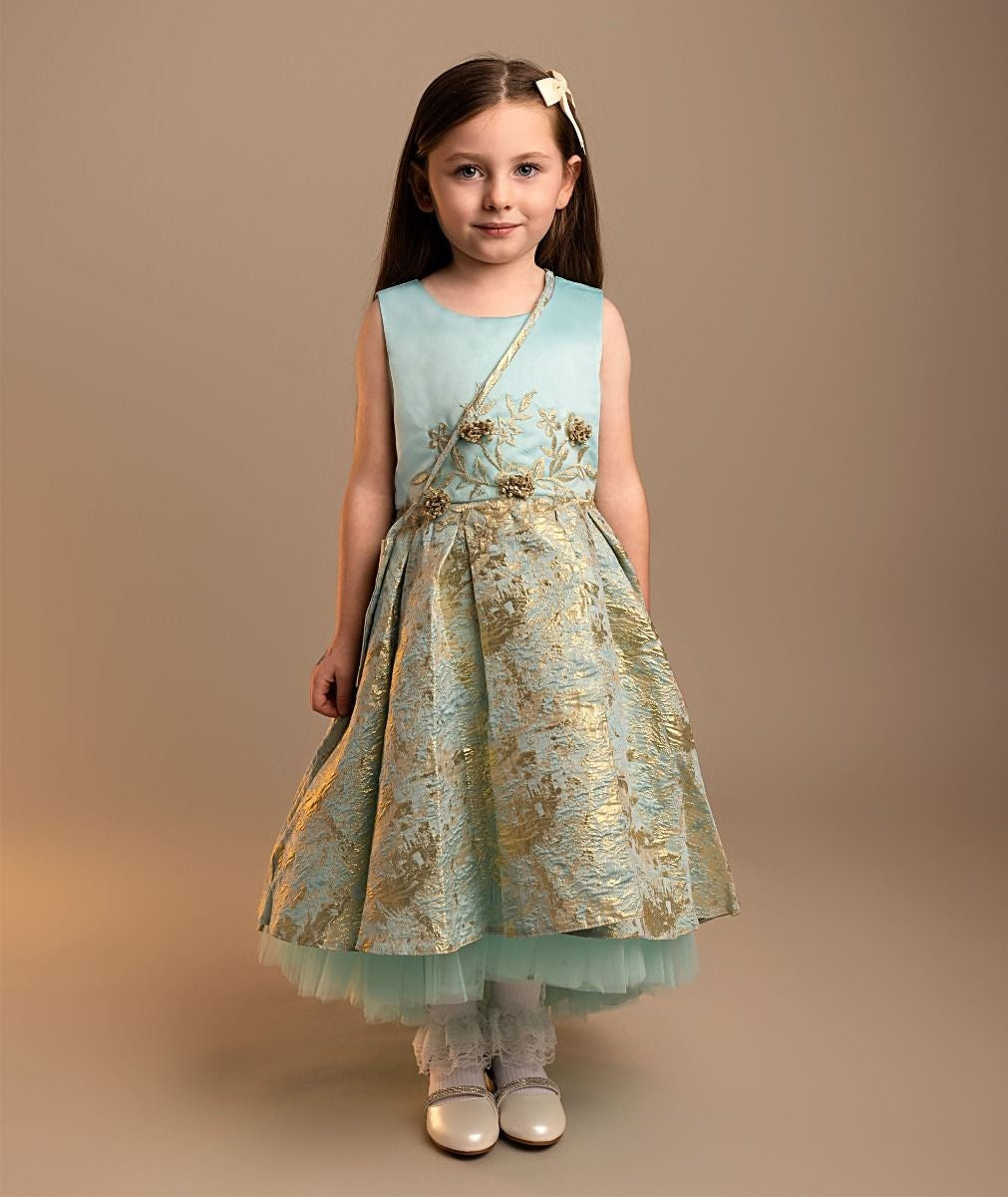 Girls’ Blue & Gold Brocade Dress Set - Tamia - Blue and Gold