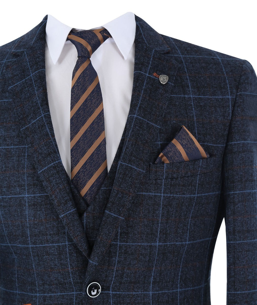 Men's Tailored Fit Retro Check Suit Jacket - ANTHONY NAVY - Navy Blue