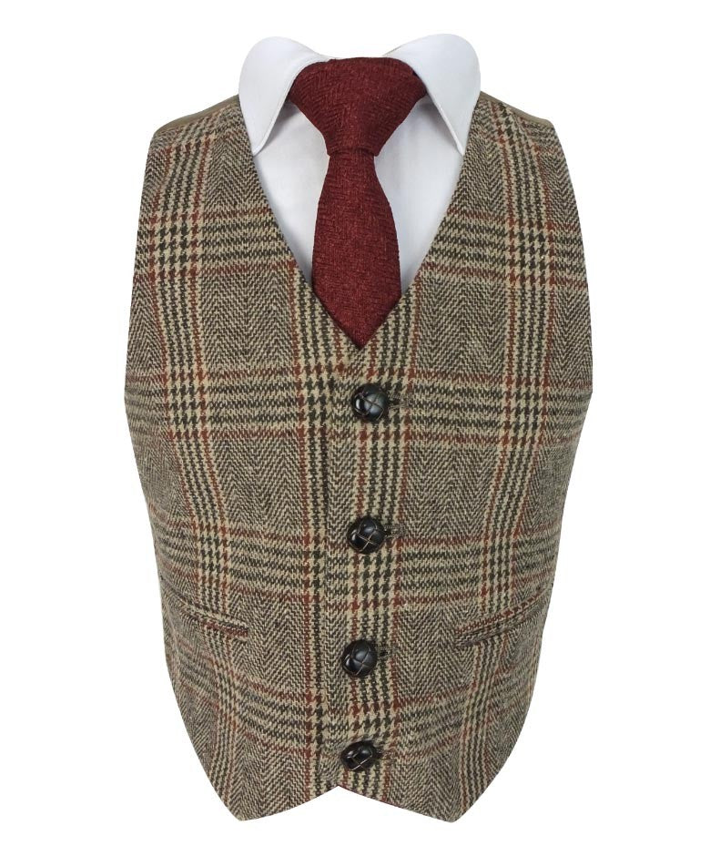 Boys Herringbone Tweed Check Suit with Elbow Patches - LUCAS - Brown - Burgundy