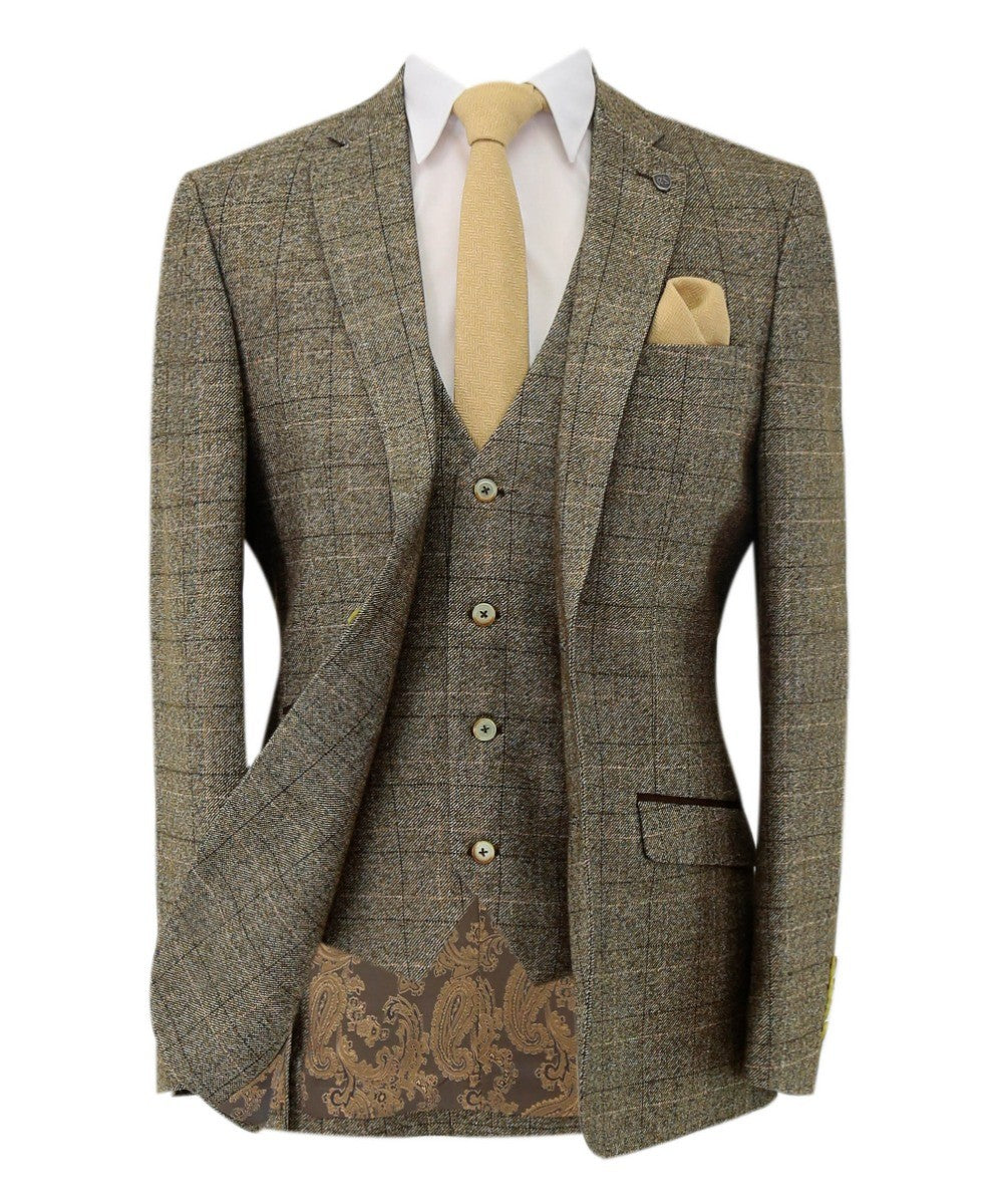 Men's Tweed Windowpane Check Suit - LIAM Beige - Beige