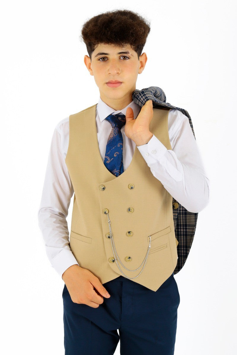 Boys Plaid Check Slim Fit Suit - Navy Blue- Beige