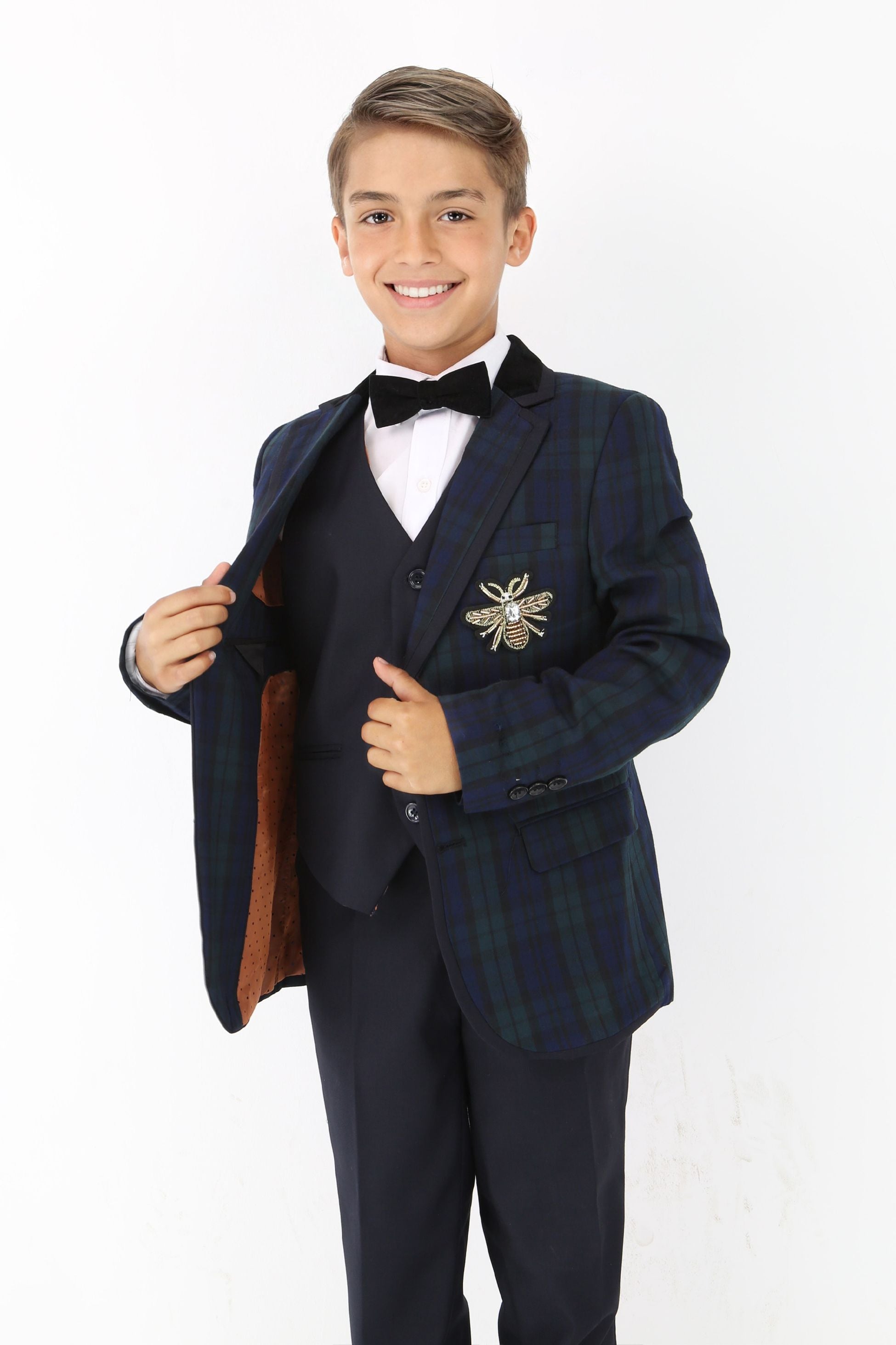 Stylish Boys Tartan Plaid Suit - Navy Blue - Green