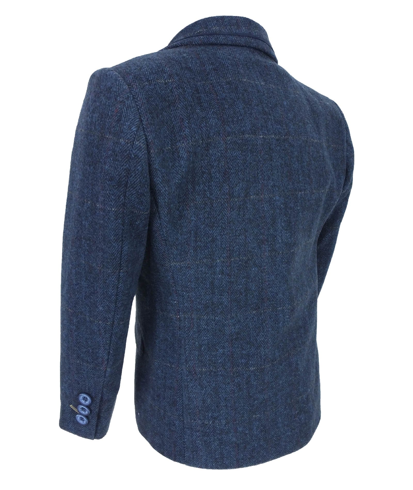 Boys Slim Fit Herringbone Tweed Blue Suit - CARNEGI - Navy Blue