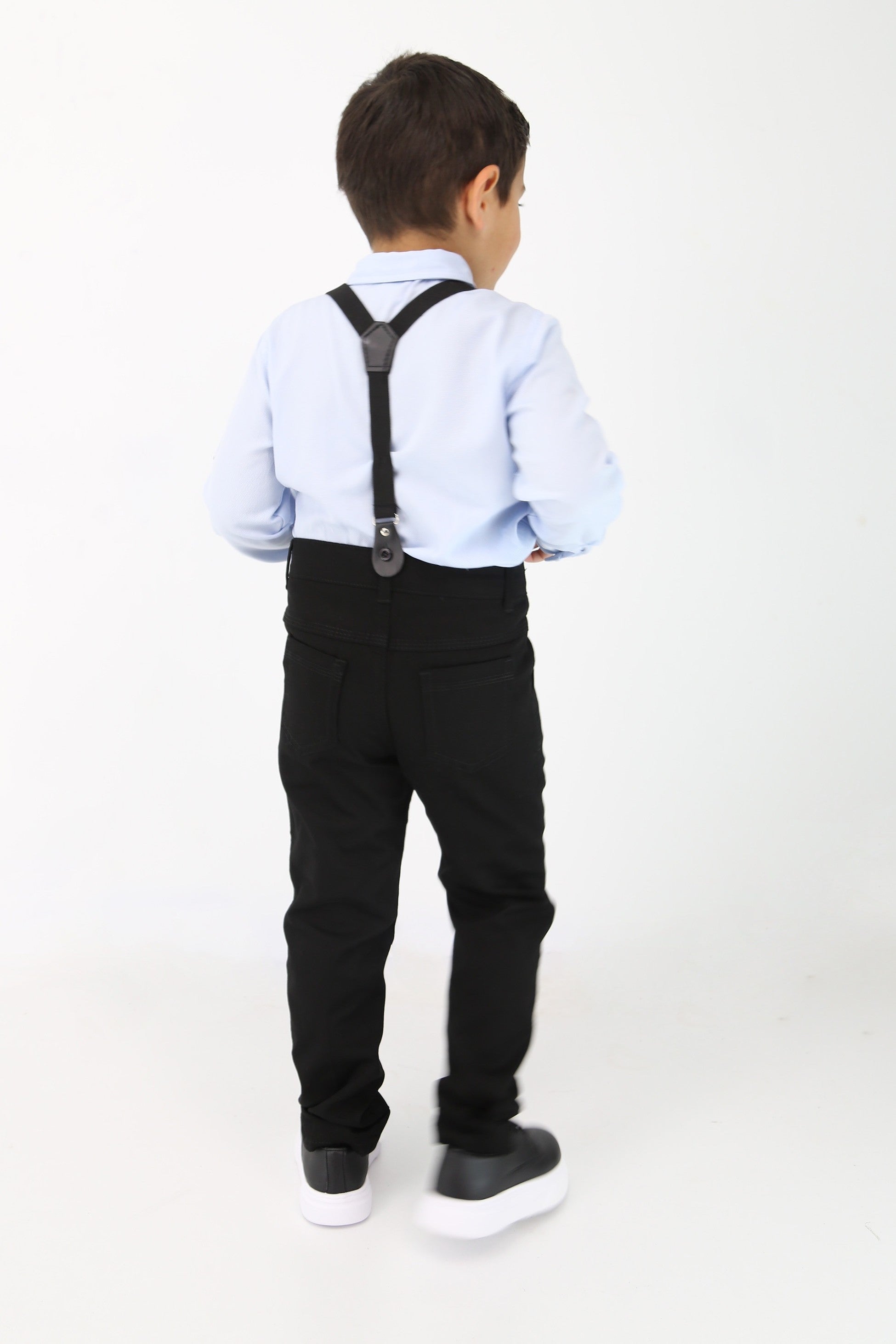 Baby & Boy Gentleman Outfit - 4 Piece Suspenders Pant Suit Set - OXFORD - Light Blue - Navy Blue