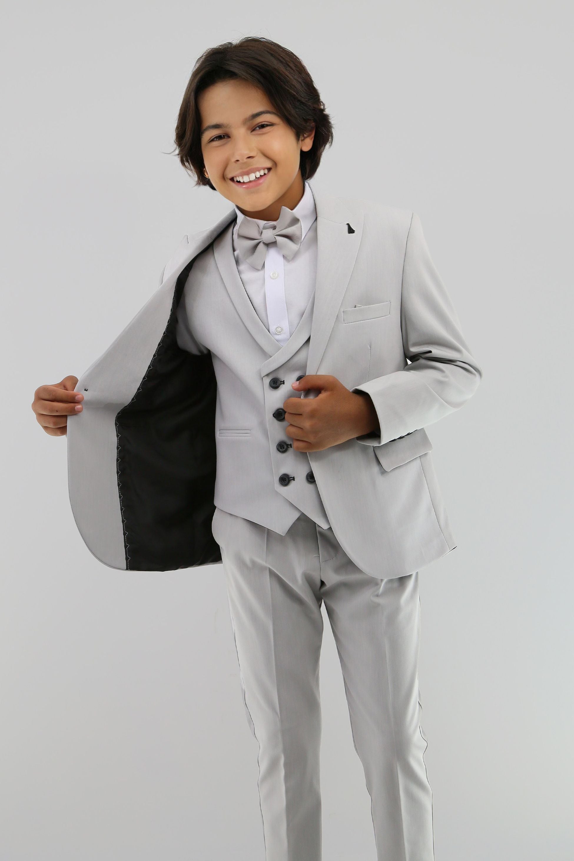 Boys Suit with Double Breasted Waistcoat 6 PC Set - Slate Grey