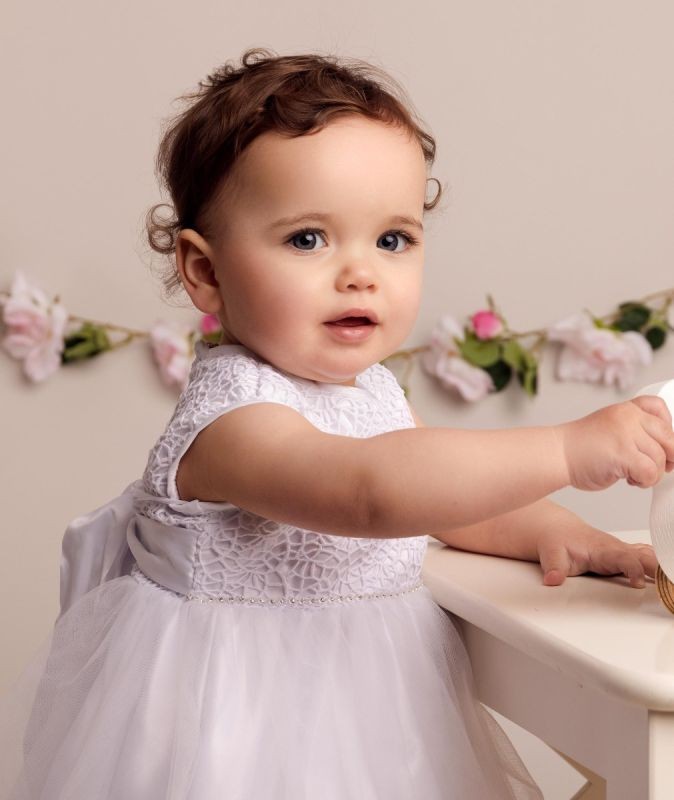 Baby Girls Christening Dress with Lace & Bow - ROSE - White