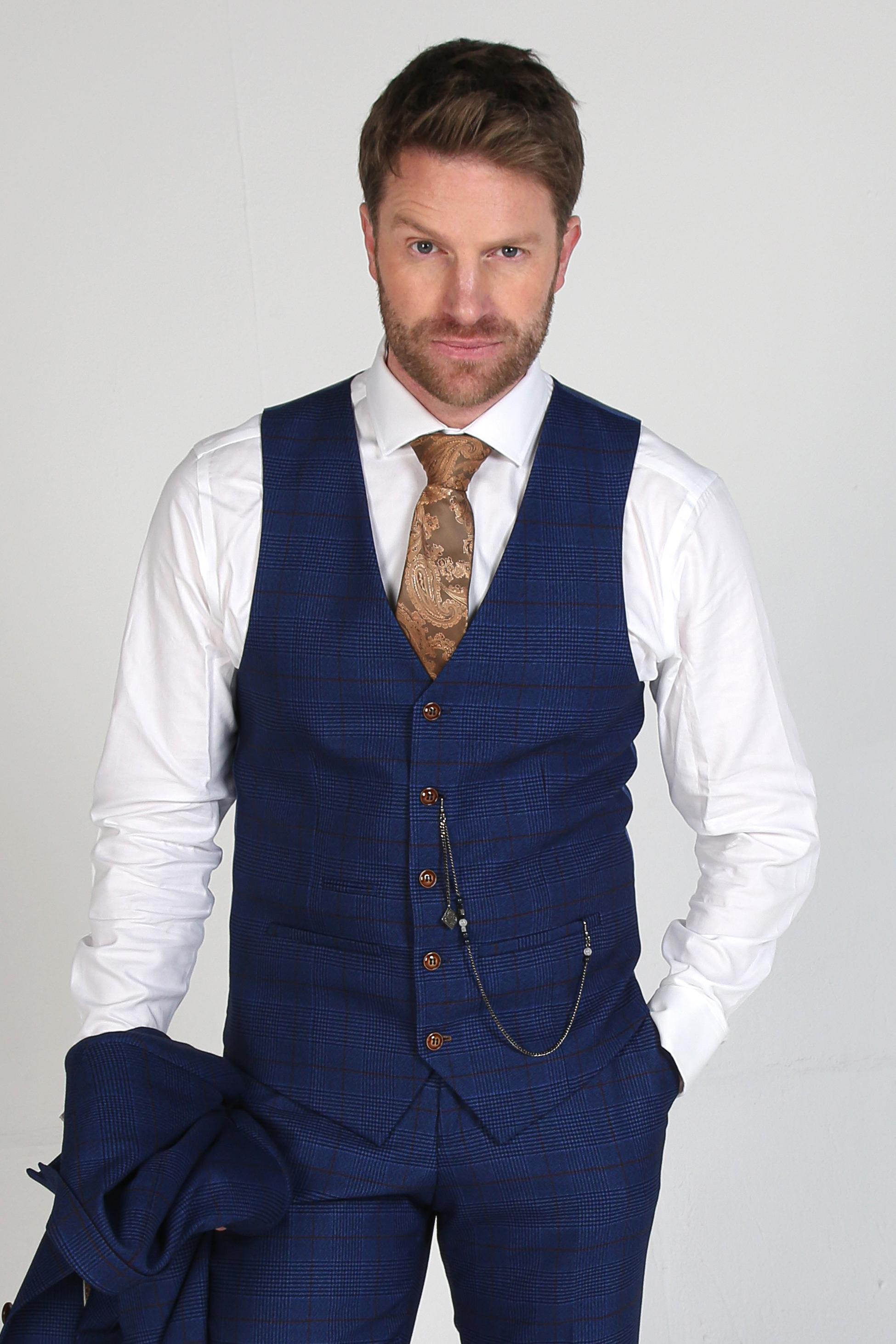 Men's Tweed Windowpane Formal Navy Suit - ALEX - Royal Blue