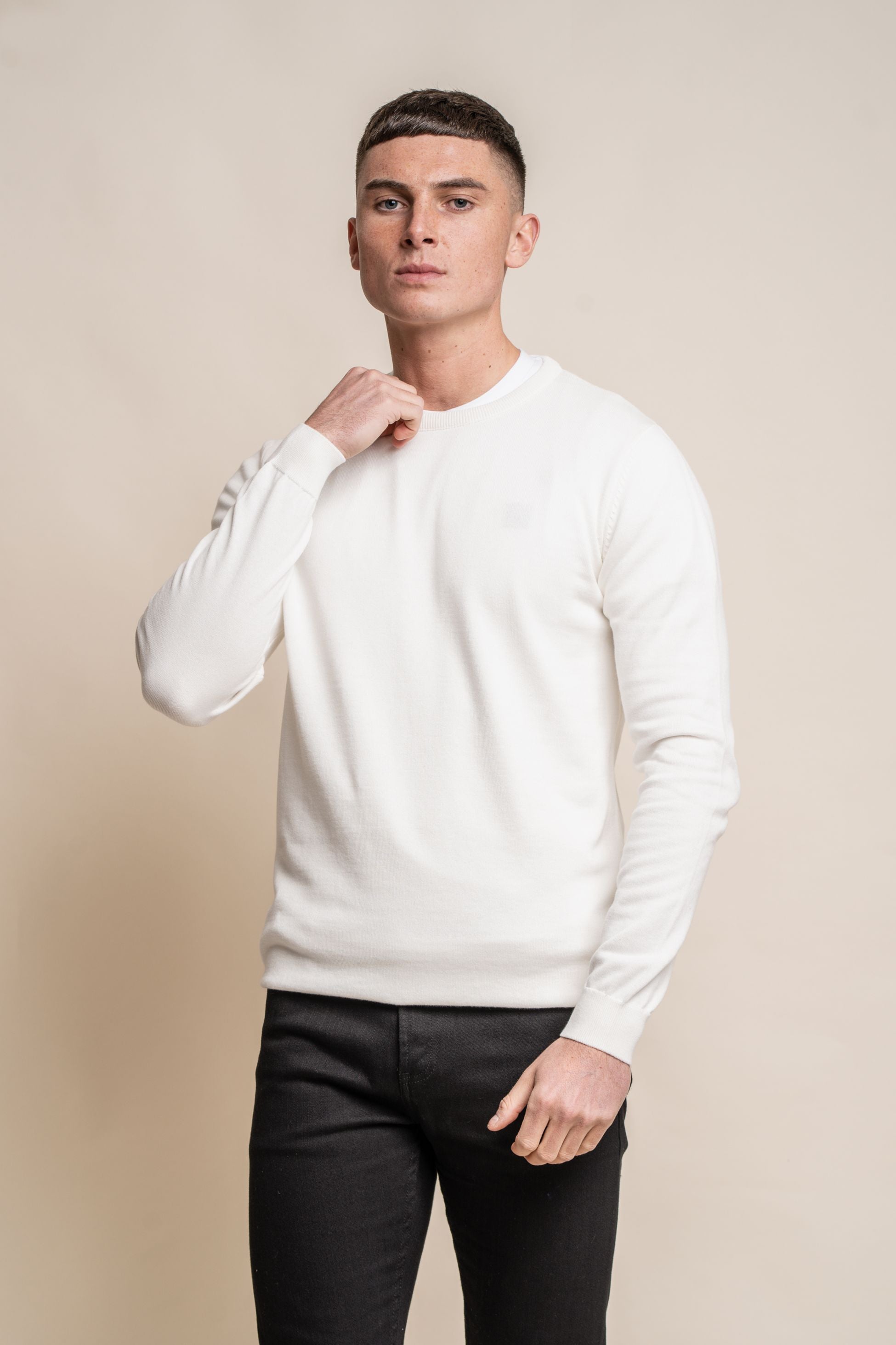 Men's Cotton Slim Fit Crewneck Jumper - Ecru