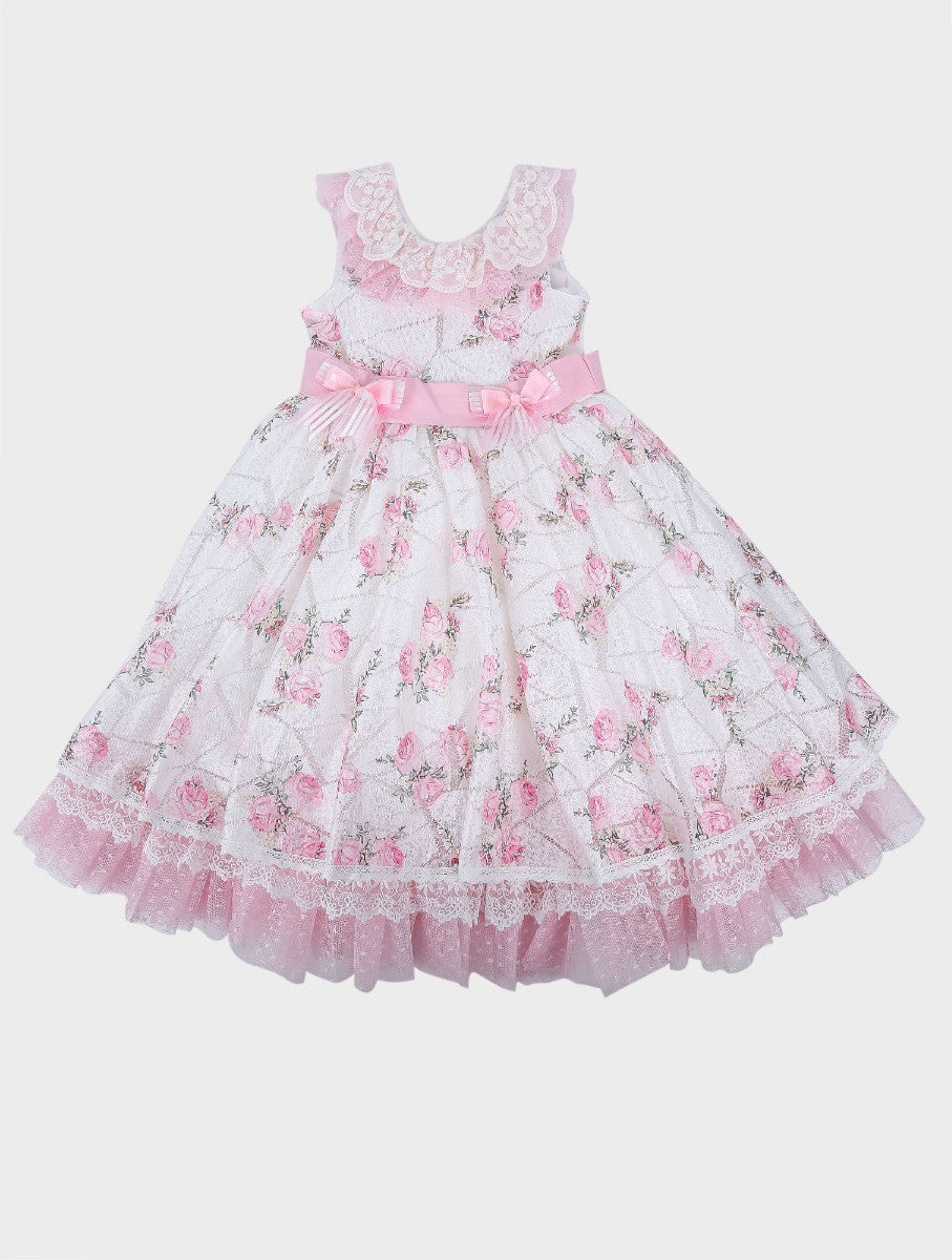 Girls Floral Sleeveless Lace Ruffles Dress - White and Pink