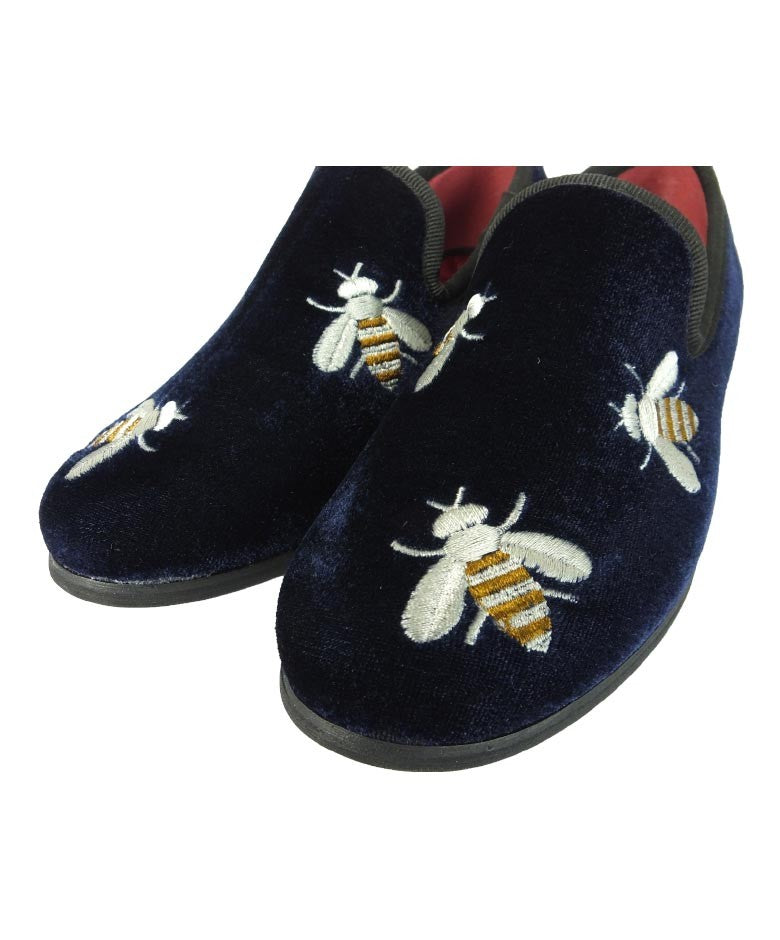 Boys Velvet Bee Embroidered Slip On Loafers - Navy Blue