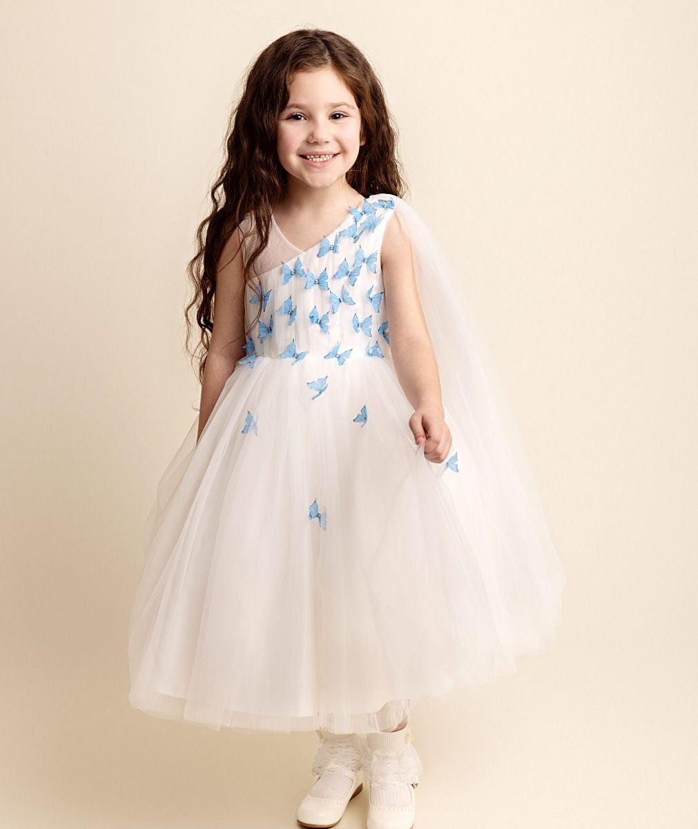 Girls Tulle Dress with Butterfly Appliques - PARIS - Blue