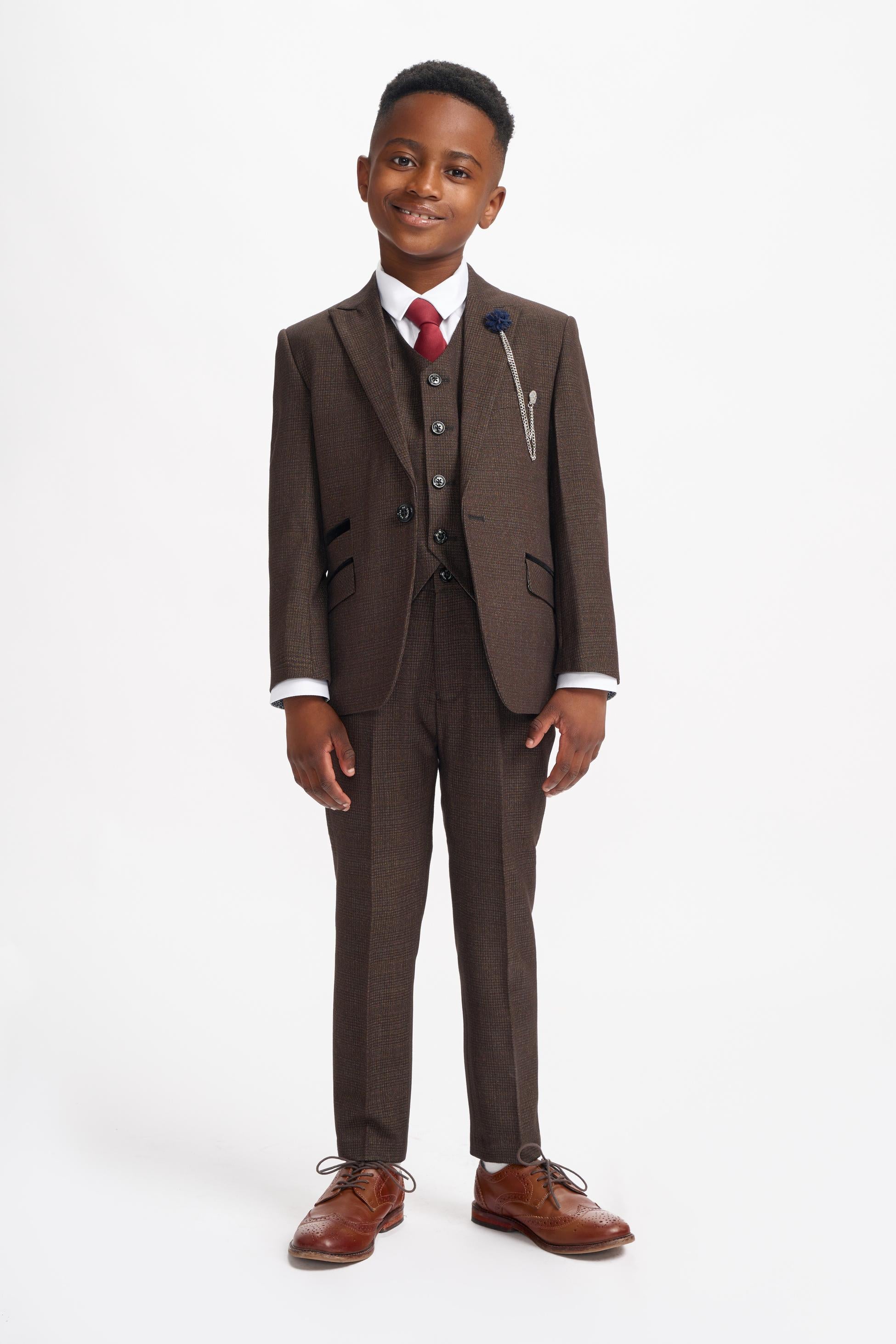 Boys Slim Fit Tweed Check Suit - CARIDI - Brown