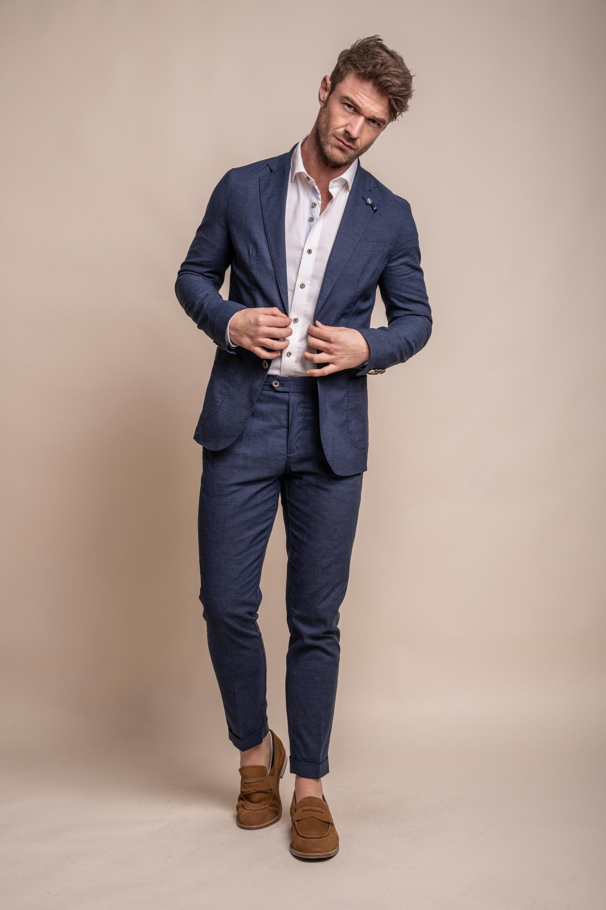 Men's Slim Fit Linen Suit Jacket - ALVARI - Navy Blue