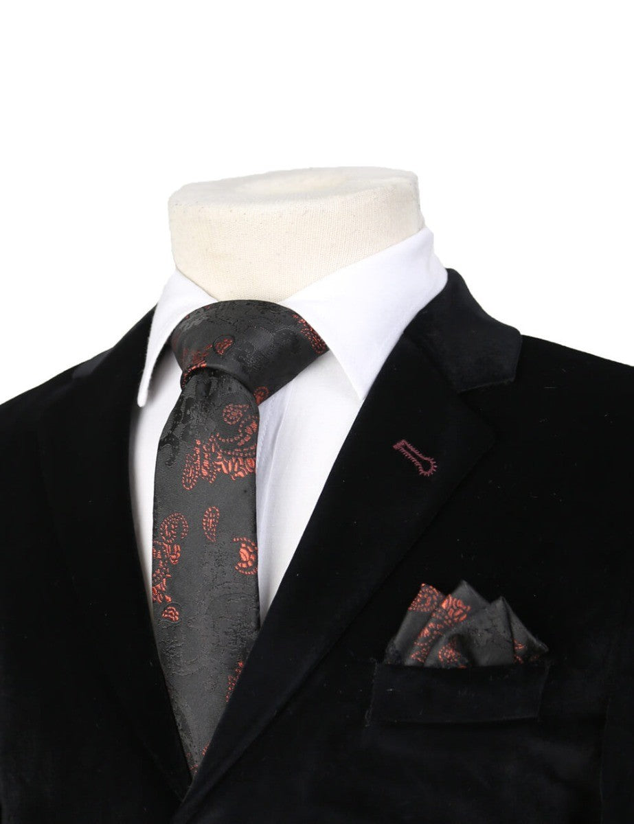 Boys Paisley Tie & Hanky Set - Black and Orange