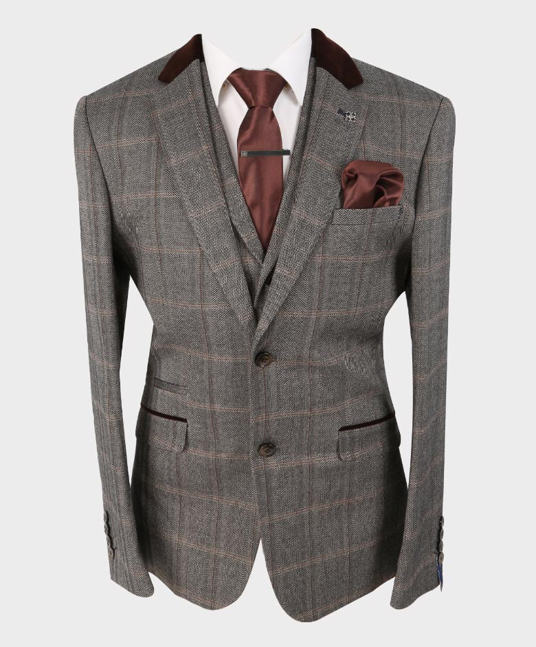 Men's Tweed Check Retro Suit Jacket - Connall Brown - Brown