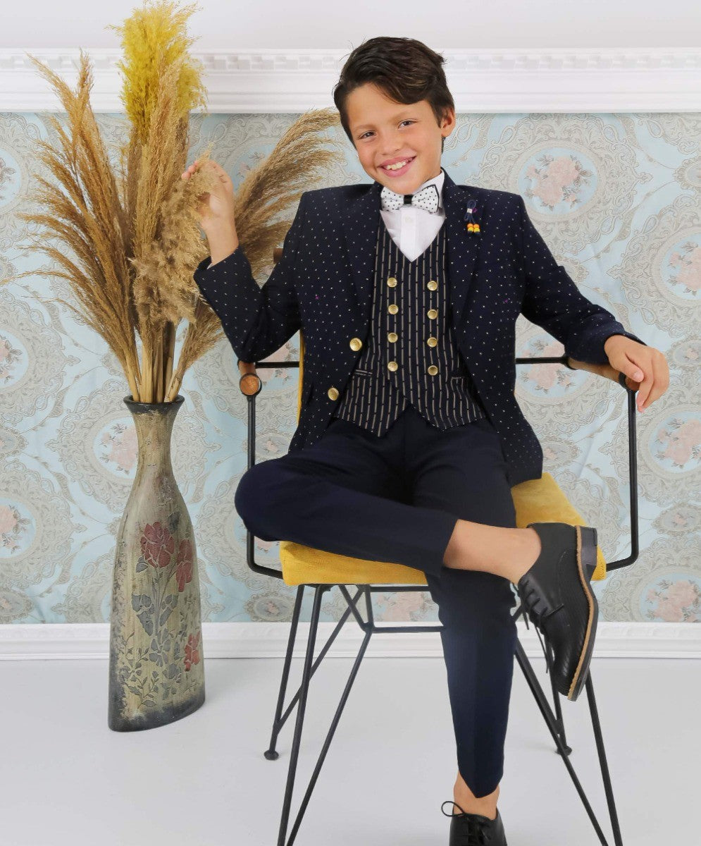 Boys Polka Dot Slim Fit Suit - ARISTOTLE - Navy Blue