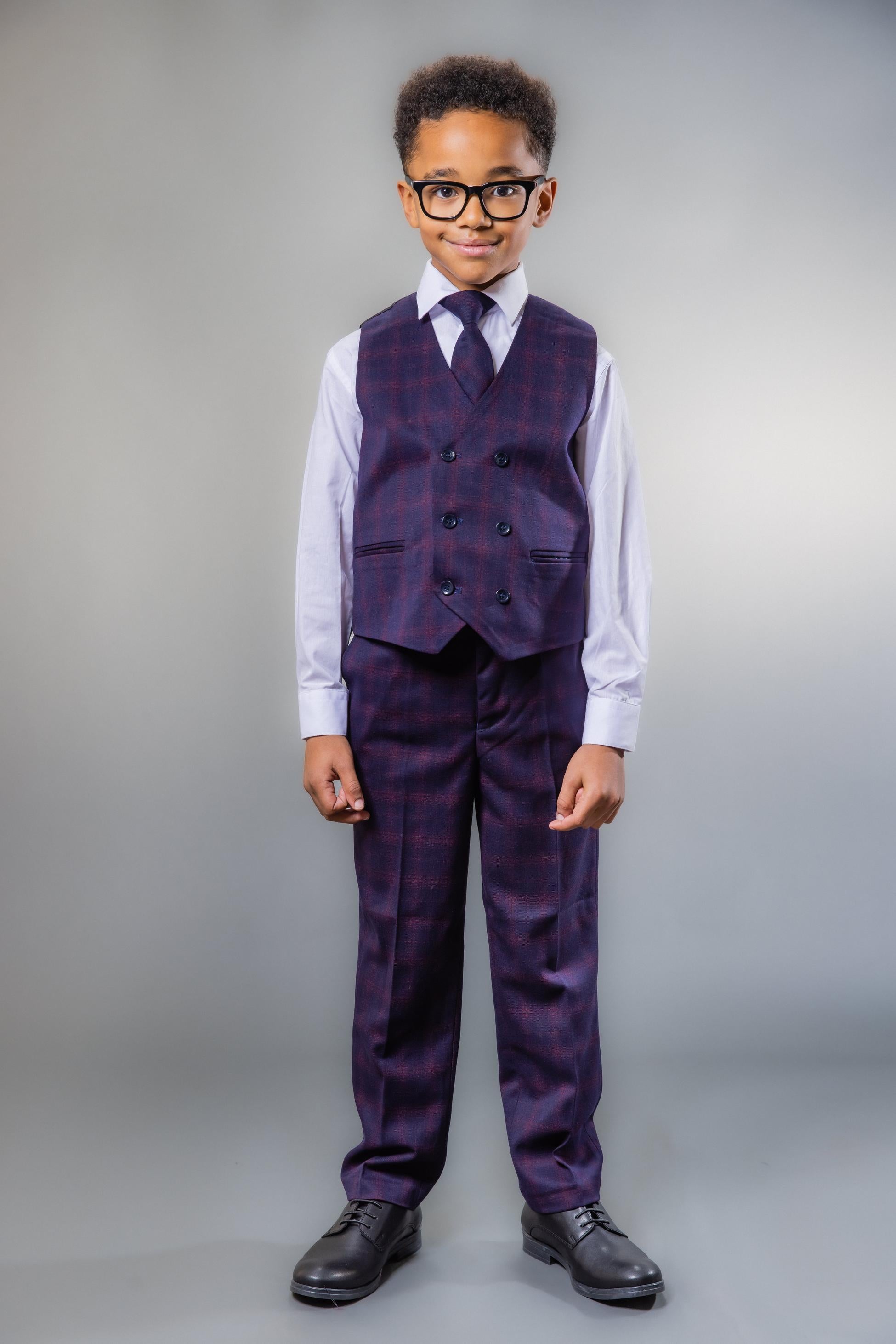 Boys Retro Check Tailored Fit Navy Suit - Navy Blue and Burgundy