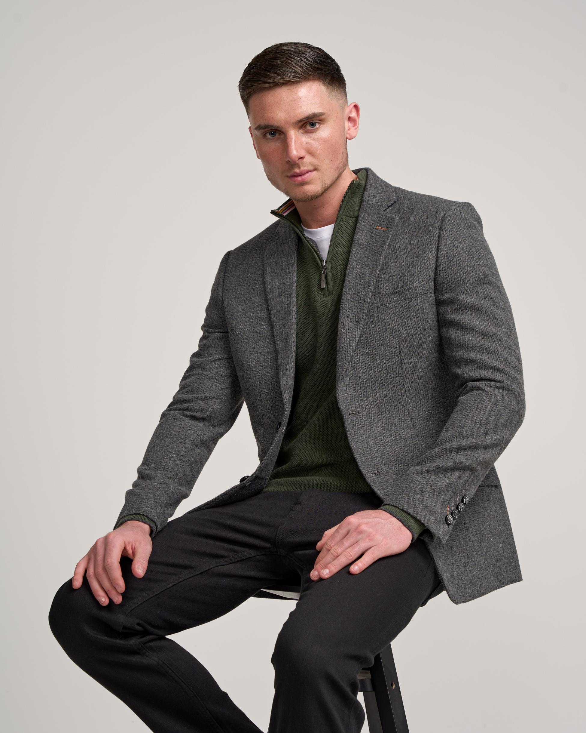 Men’s Grey Herringbone Tweed Suit Jacket - COSMO - Grey