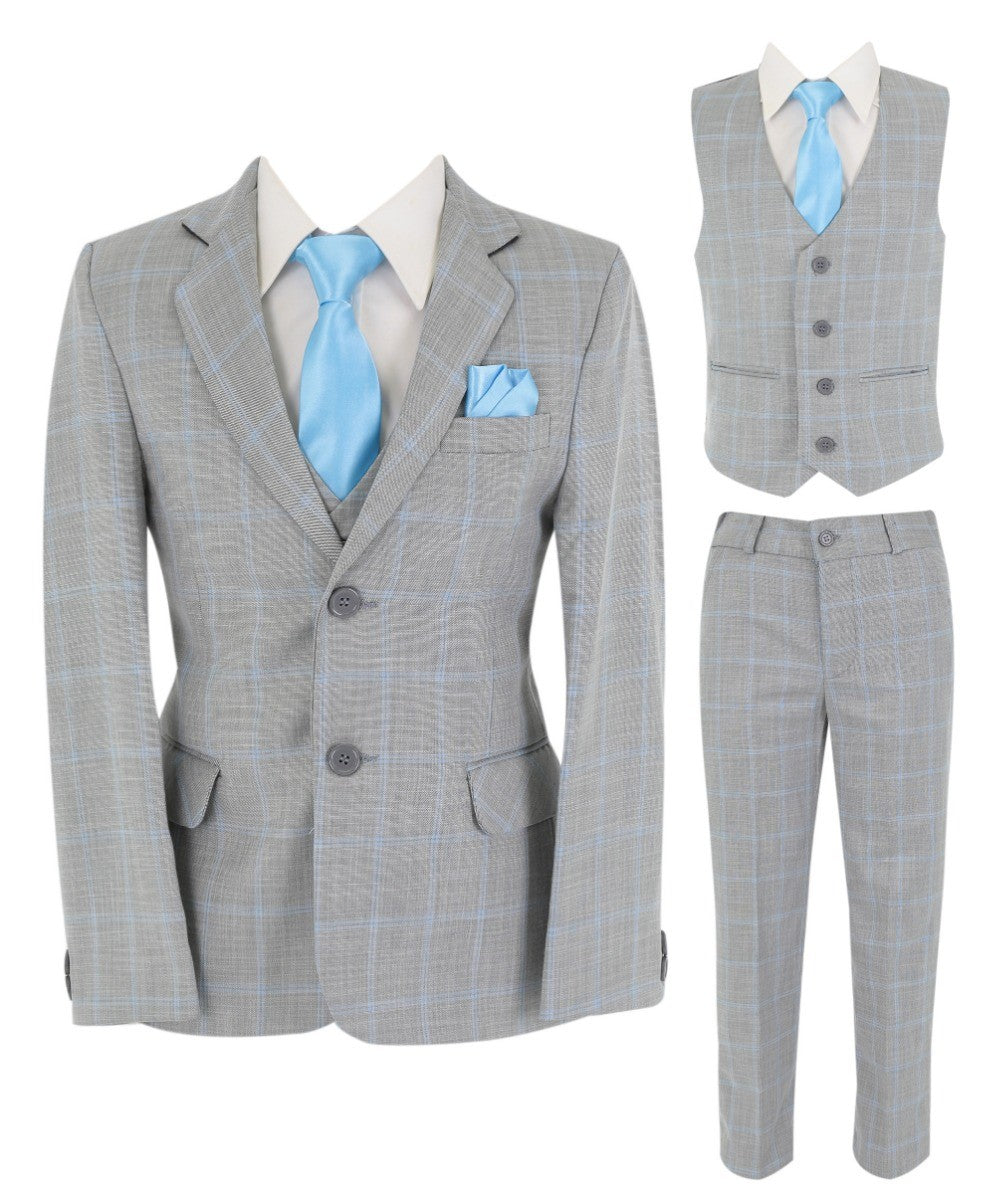 Boys Windowpane Check 6 Piece Suit Set - Grey