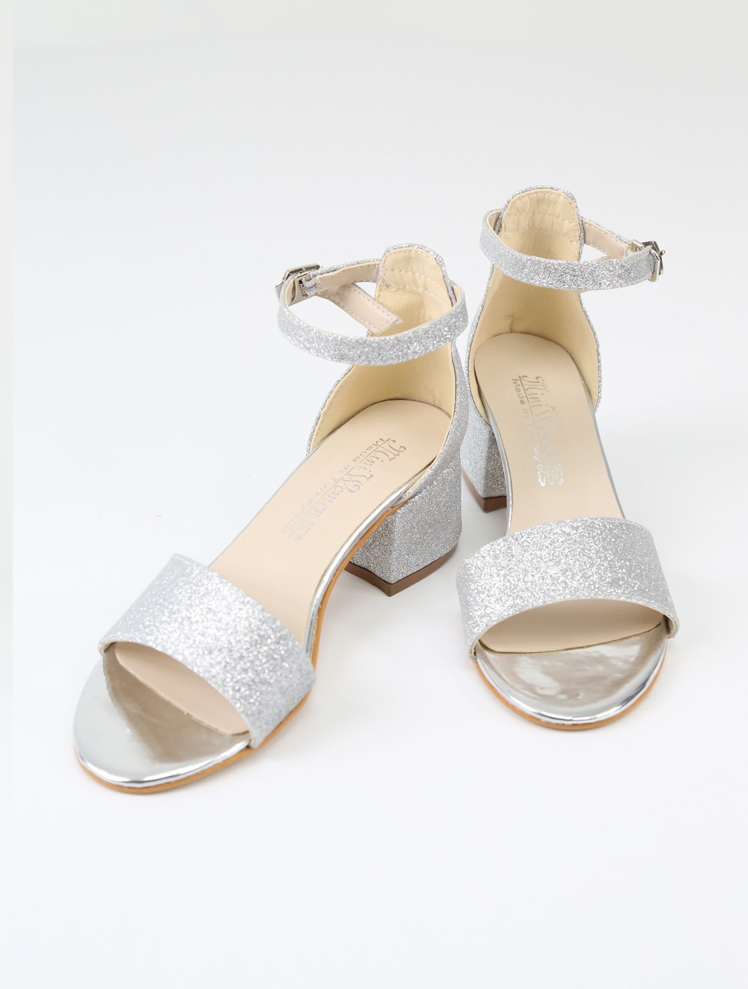 Girls Ankle-Strap Block Heel Sandals - SPARKLE - Silver