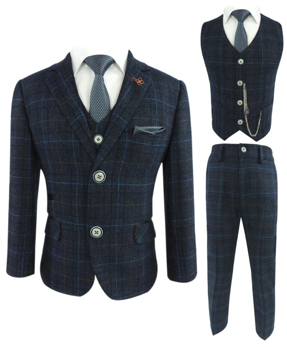 Boys Tweed Windowpane Check Suit - CODY Blue - Navy Blue