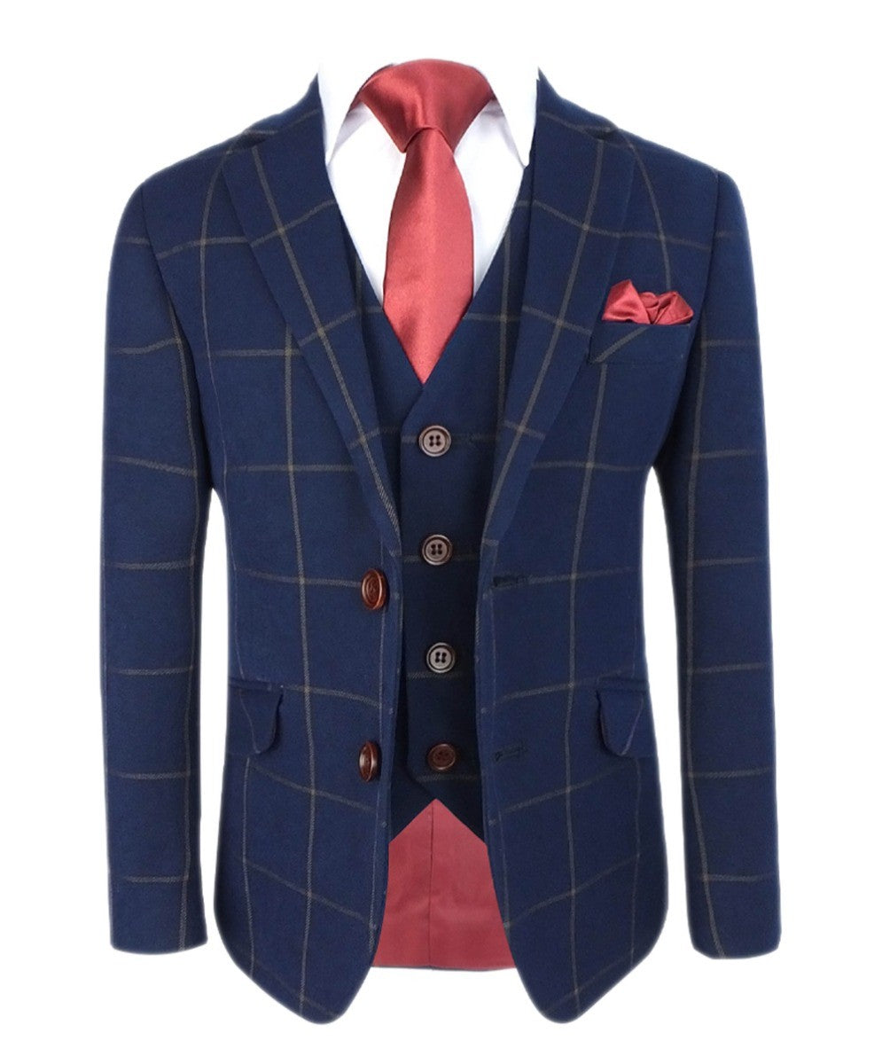 Boys Windowpane Check Woven Effect Navy Suit Set - Navy blue- Brown