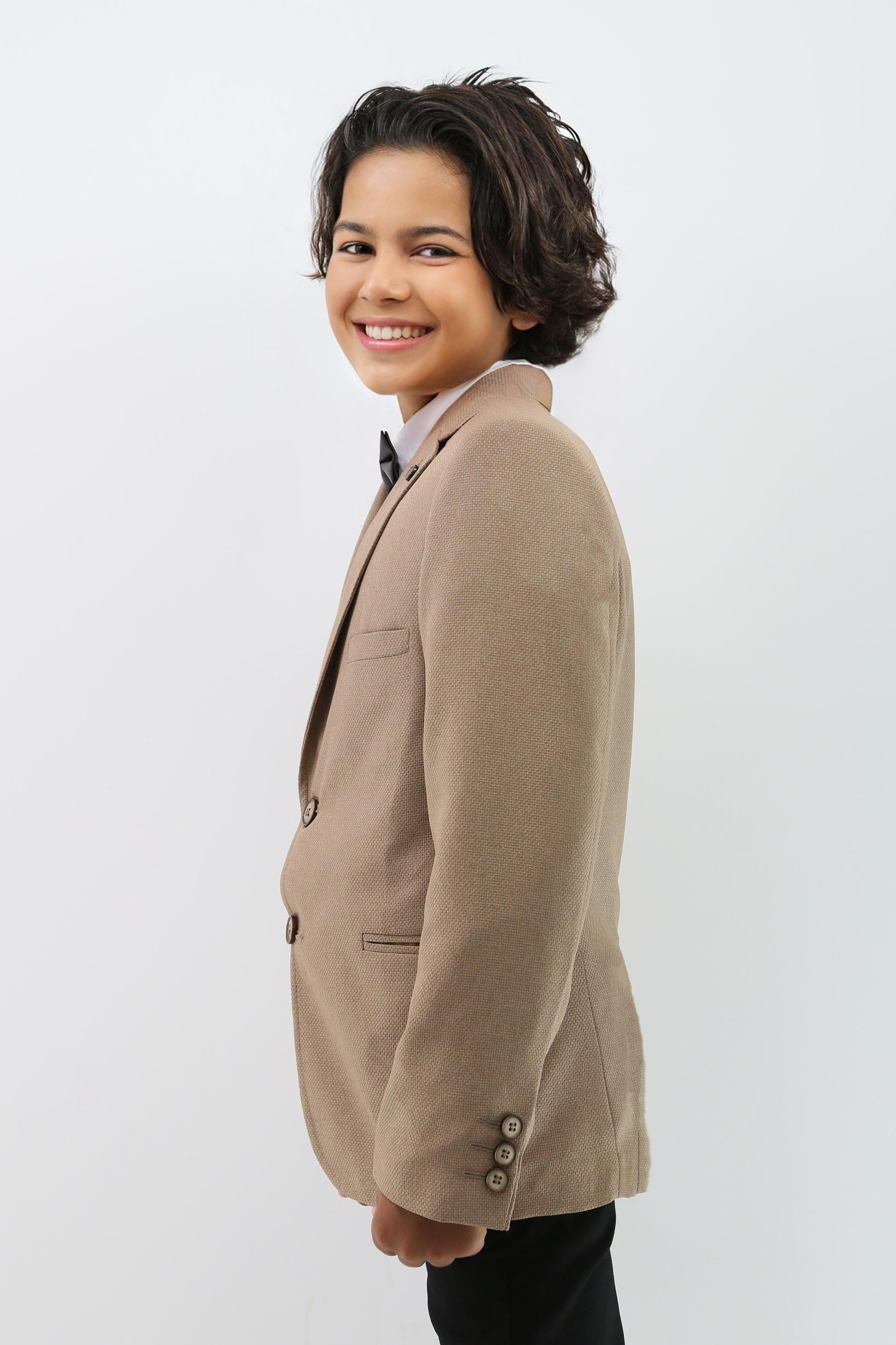 Boys' Formal Beige Textured Blazer Jacket - Beige