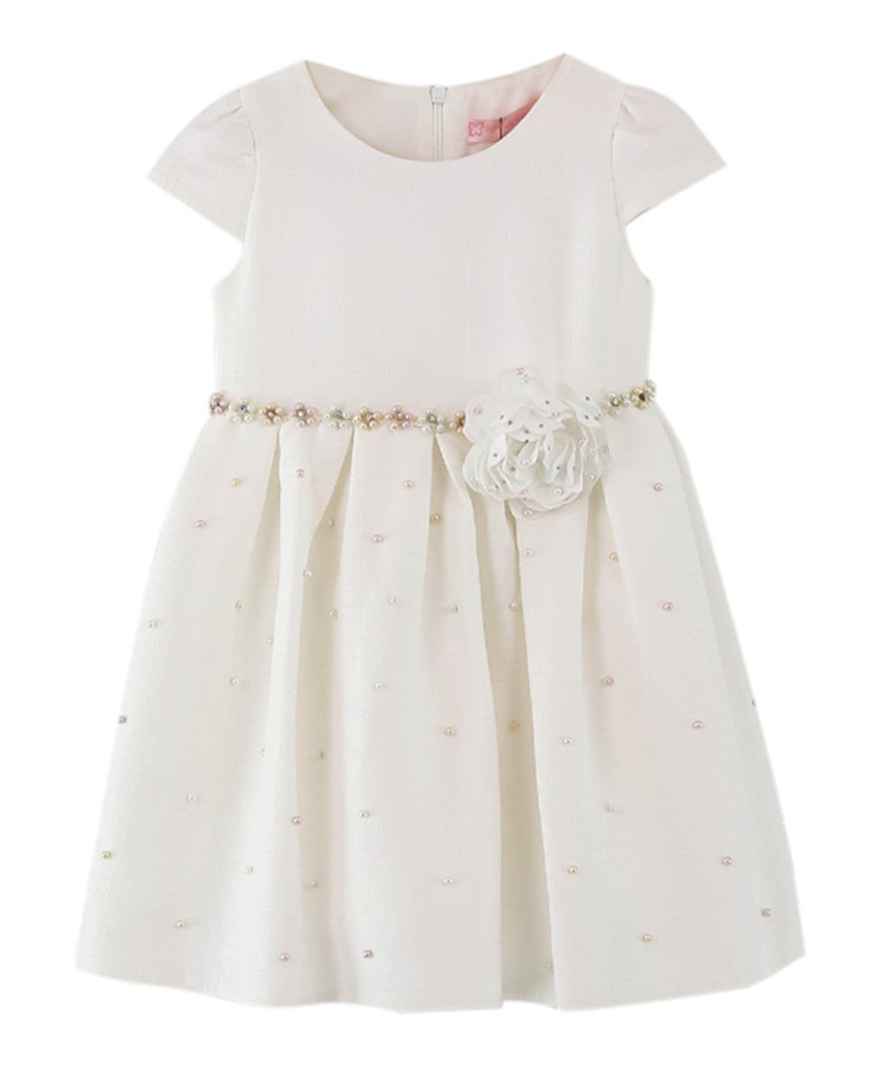 Girl Communion Short Sleeves Pearl Dress Set - Ecru