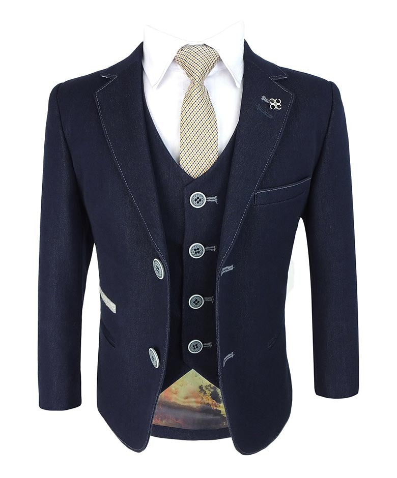 Boys Denim Look Navy Slim Fit Suit - FABIAN - Navy Blue