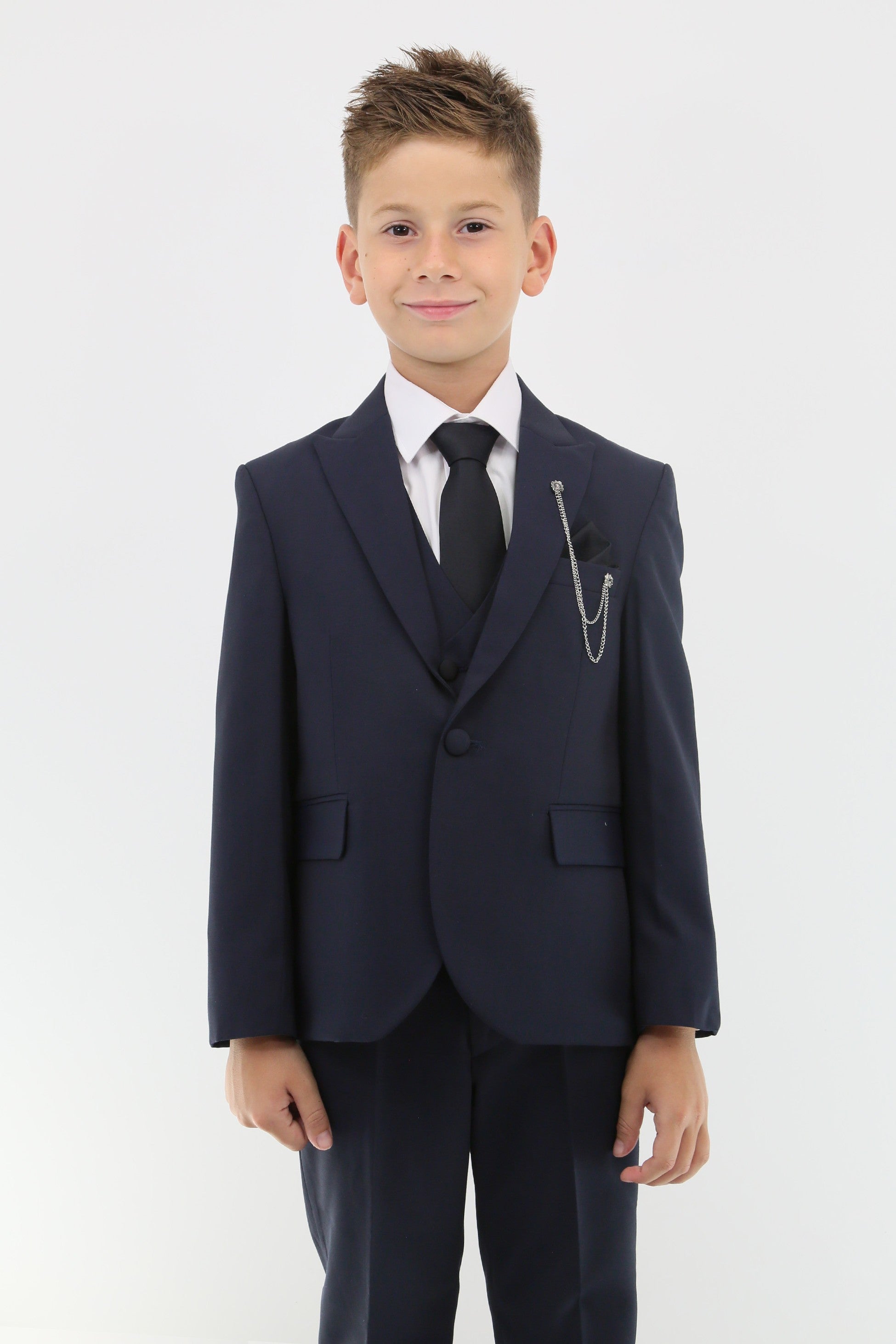 Boys Suit with Double Breasted Vest 7 PC Set - Navy Blue