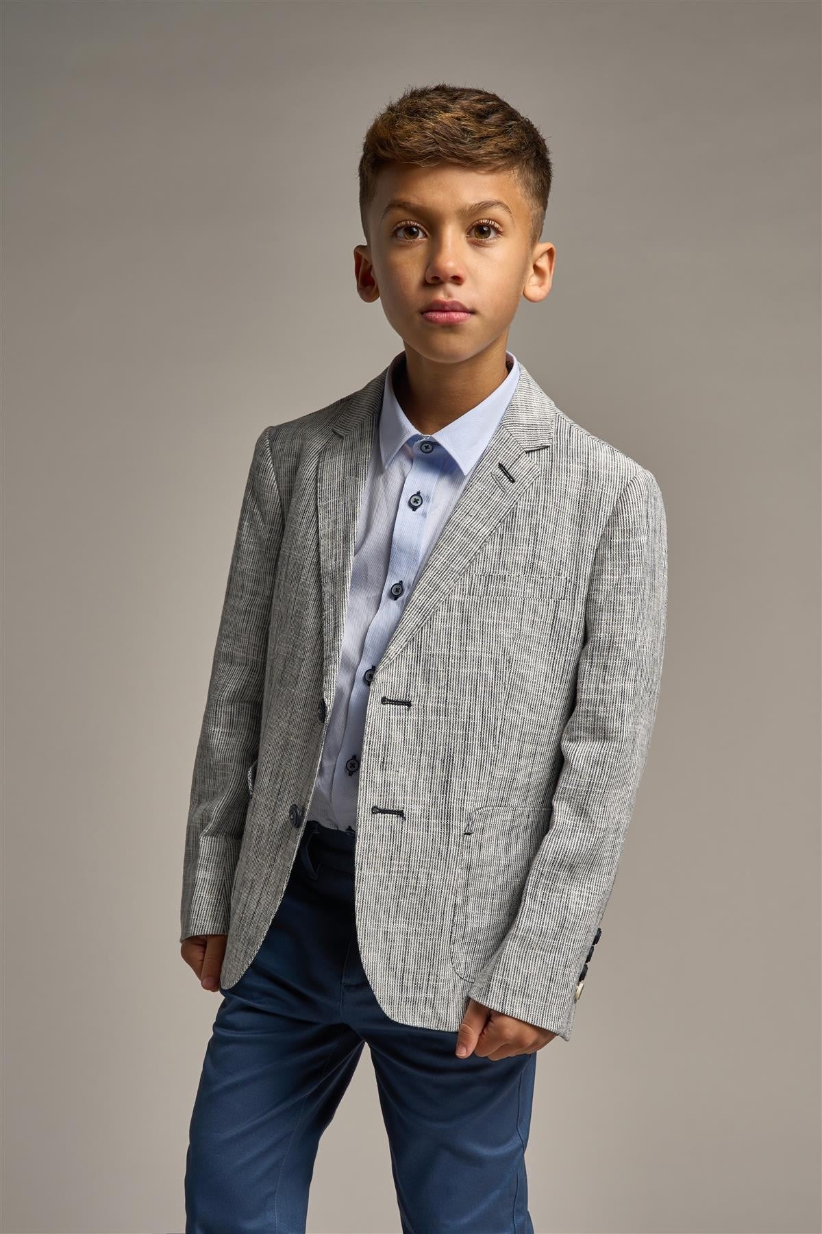 Boys Linen Blend Twill Weave Grey Blazer - JAMIE - Grey