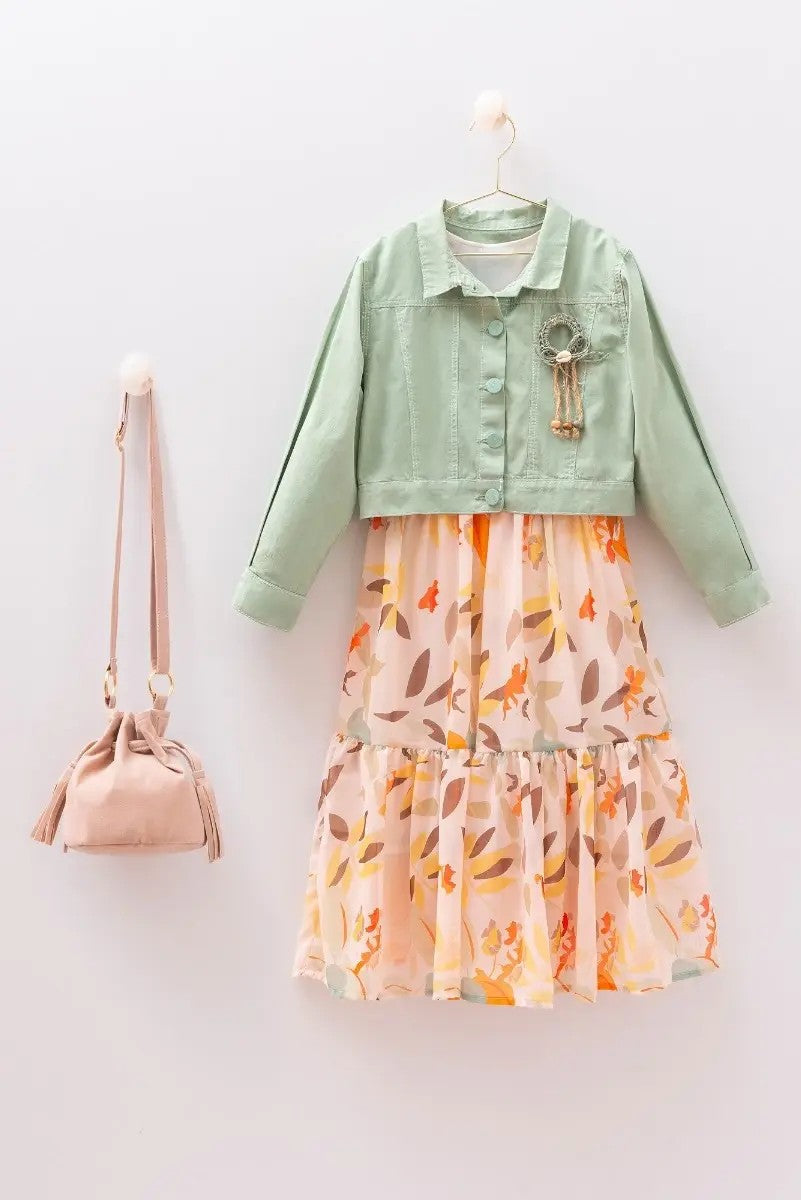 Girls Leaf Print Dress and Jacket Set - MIALIA - Multicolored top & light Green Jacket