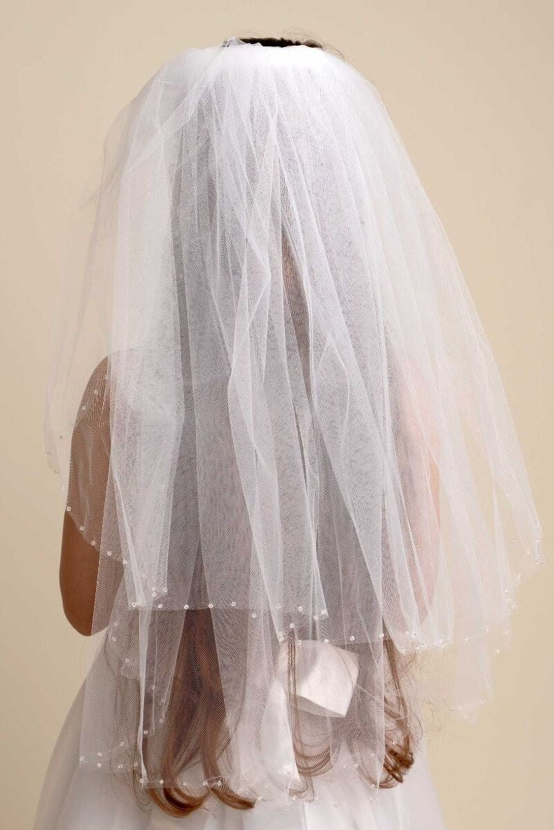 Girls' White Embellished Edge Layered Tulle Veil - VL131