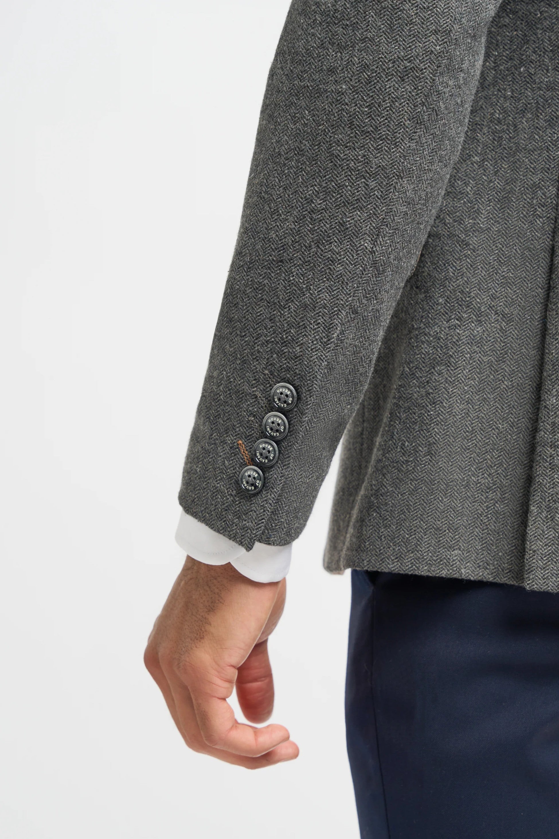 Men's Grey Herringbone Tweed Jacket and Waistcoat with Slim Fit Navy Blue Trousers - Grey - Navy Blue