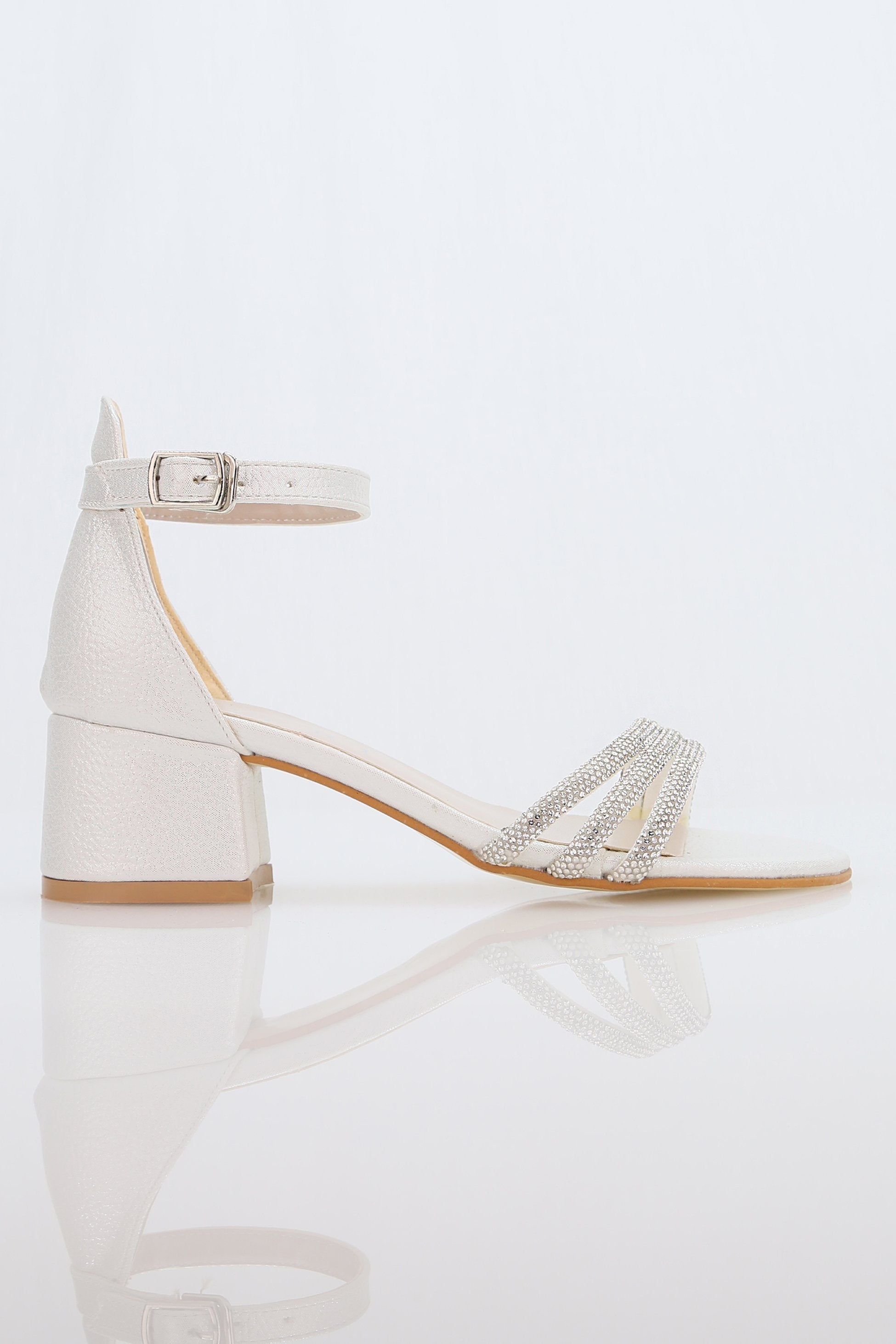 Girls' Textured Block-Heel Sandals with Rhinestone Straps - TWINKLE - White