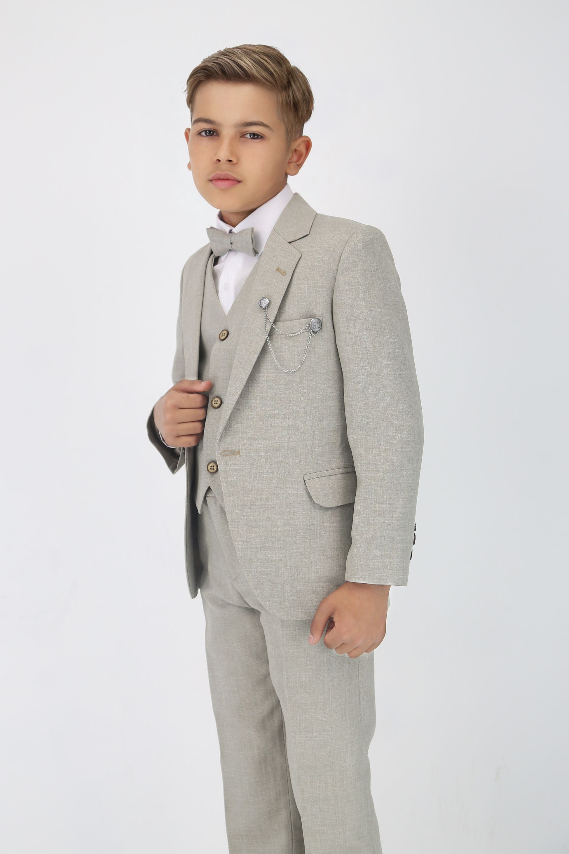 Boys Slim Fit Textured 8-Piece Formal Suit Set - Taupe Beige