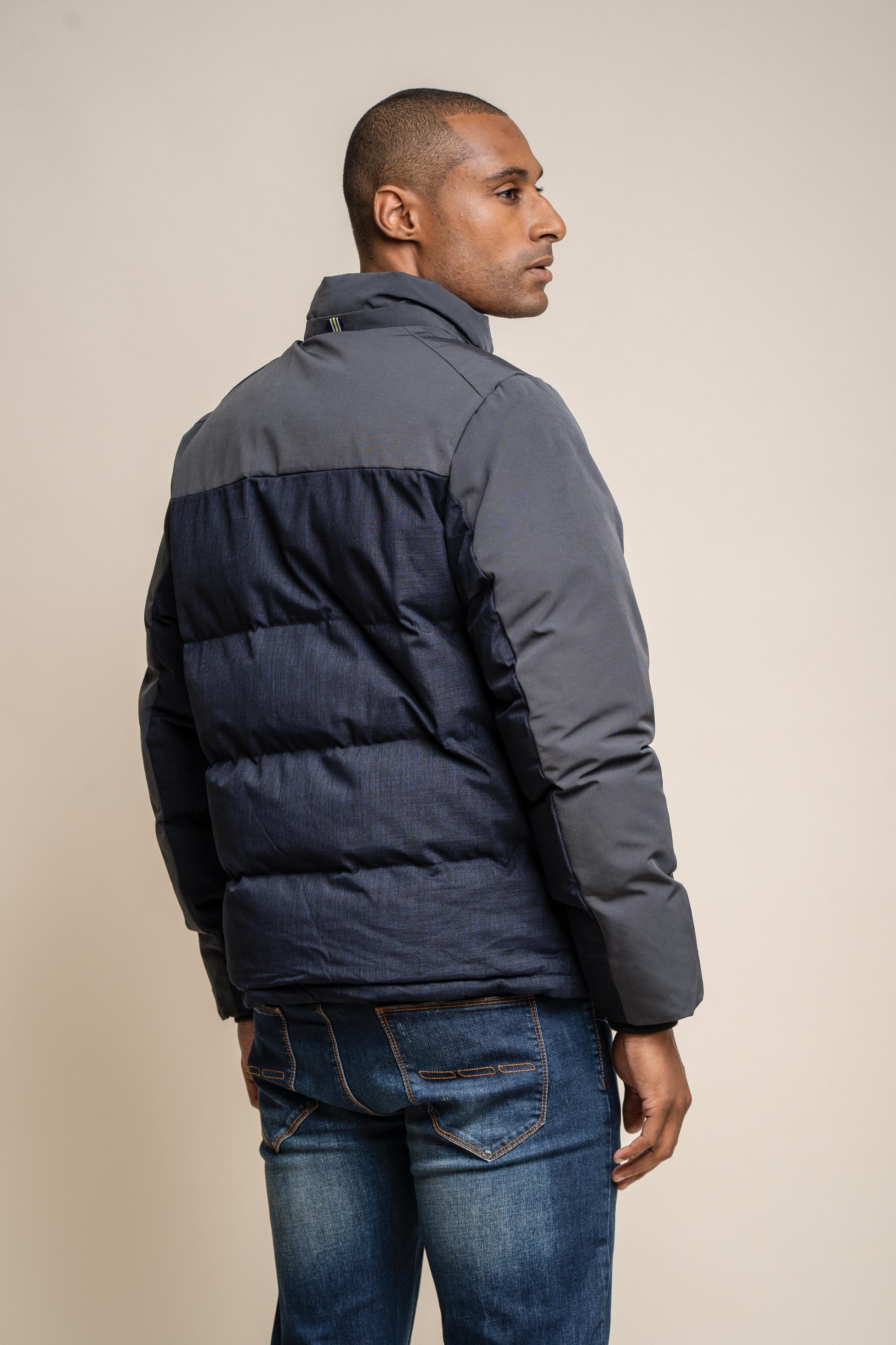 Men's Padded Midi Coat - Farros Puffer - Navy Blue and Grey