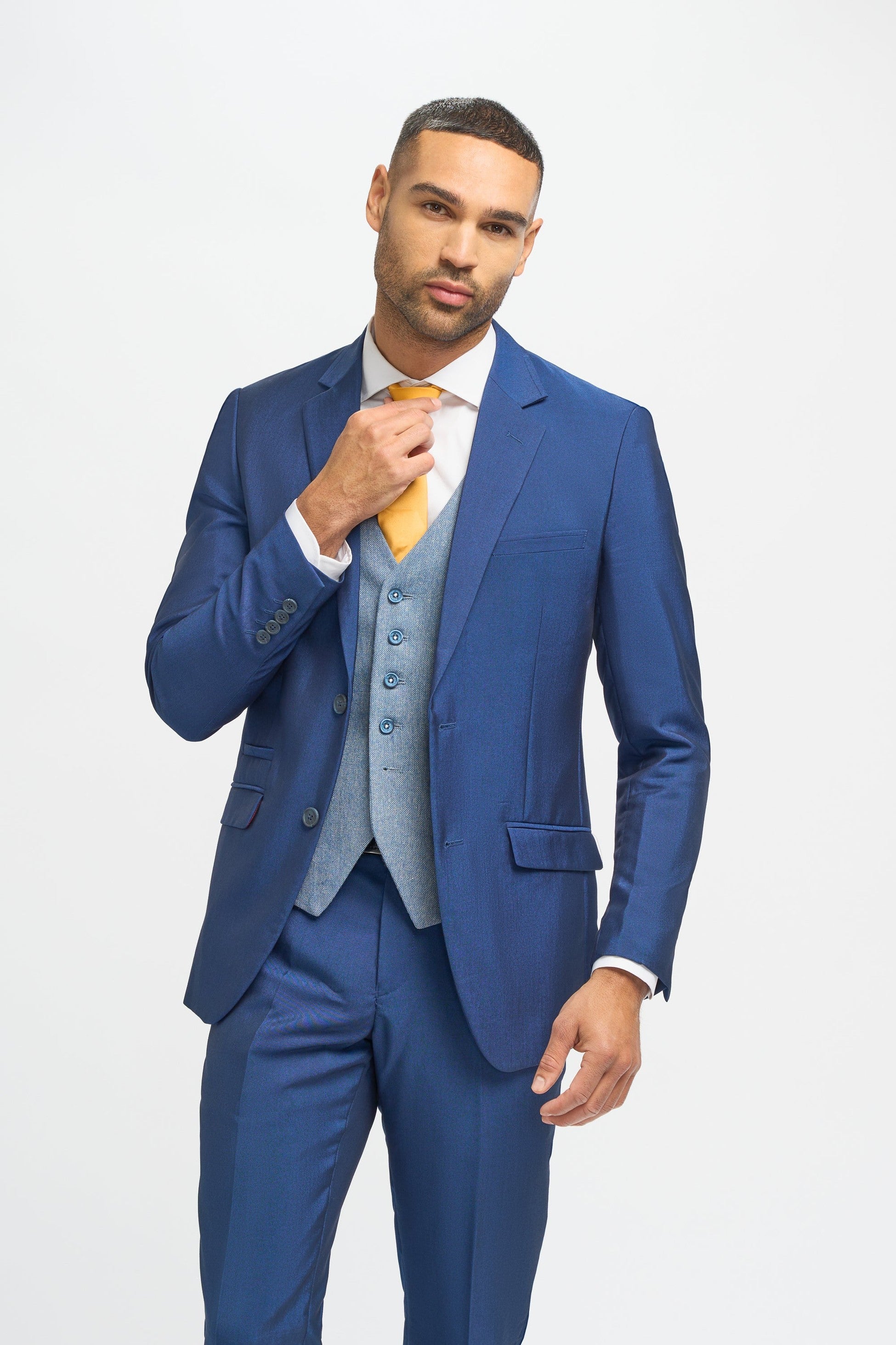 Men's Royal Blue Slim Fit 3-Piece Wedding Suit with Light Blue Tweed Waistcoat - Navy Blue