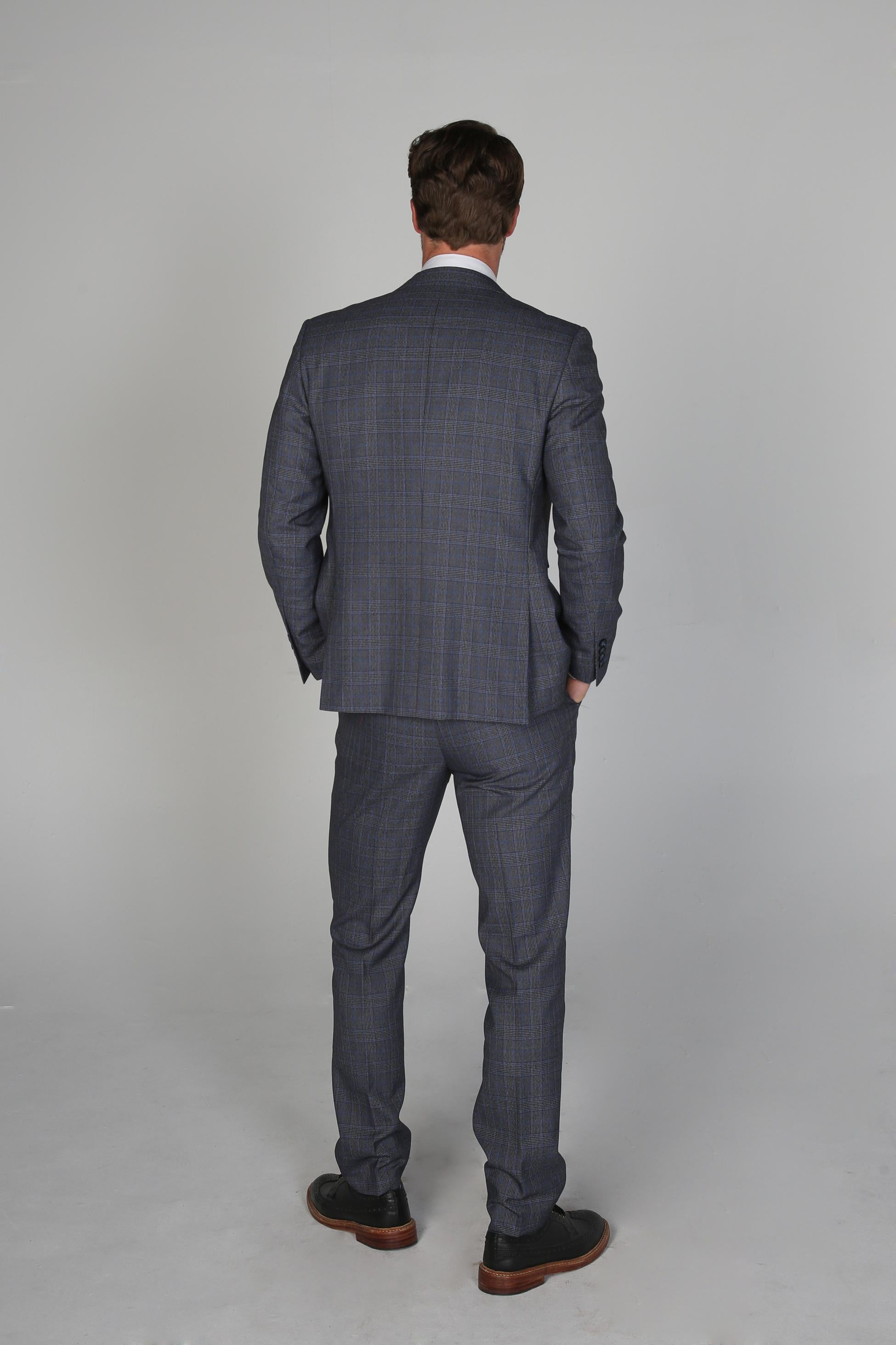 Men's Check Textured Tailored Fit Formal Suit - HENRY - Grey - Blue