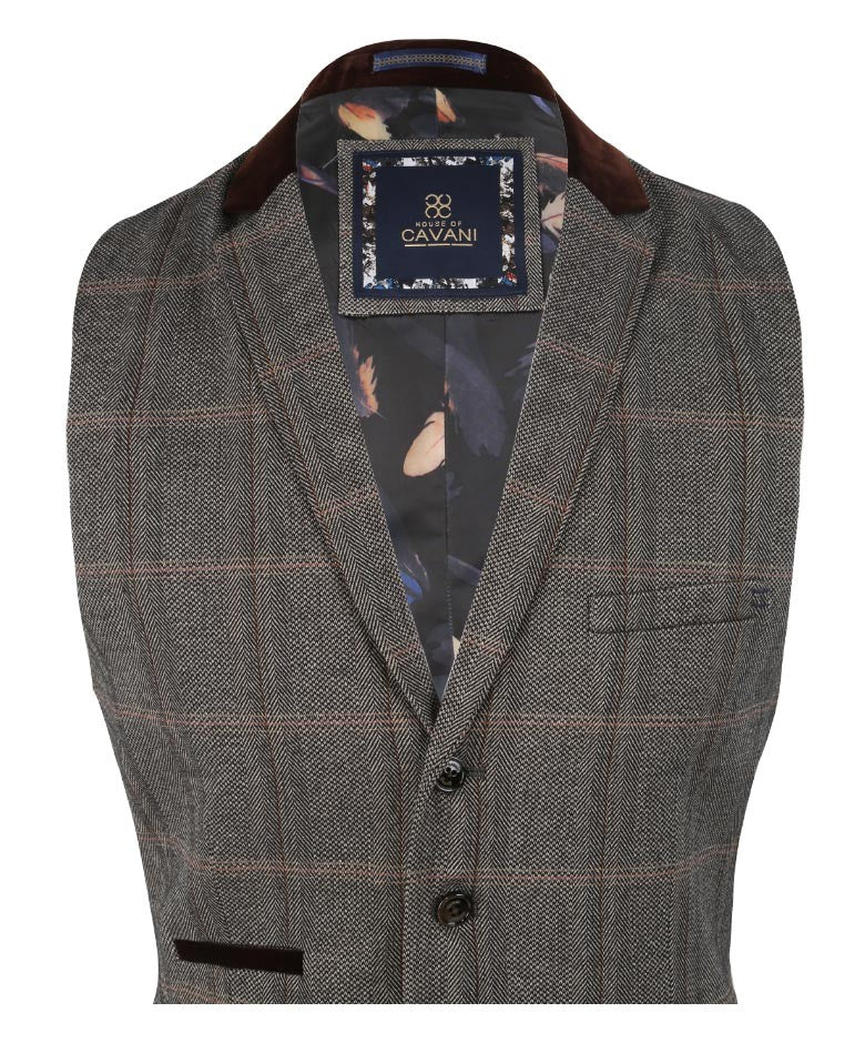 Men's Tweed Check Retro Suit Waistcoat - Connall Brown - Brown