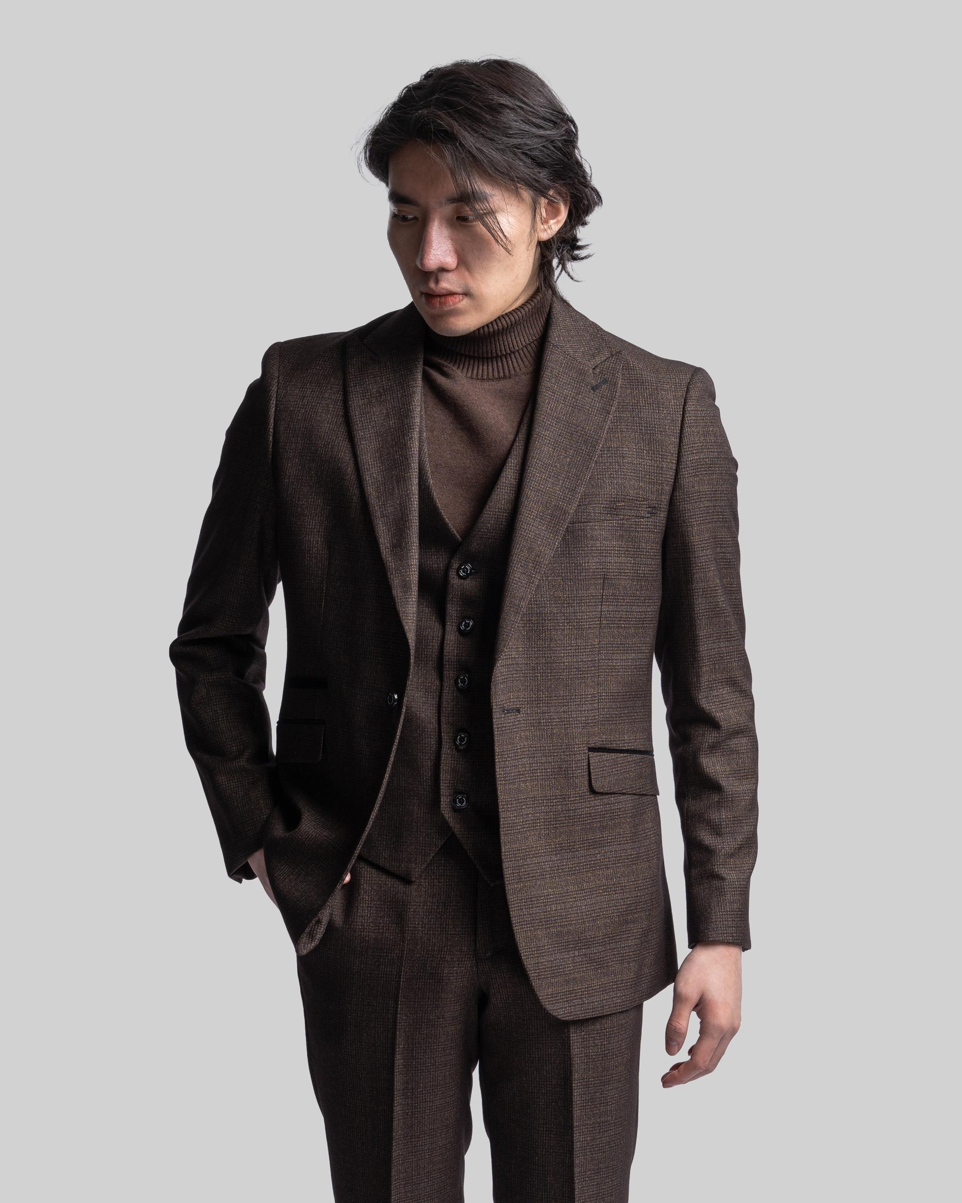 Men's Tweed Check Slim Fit Suit Jacket - CARIDI Brown - Brown