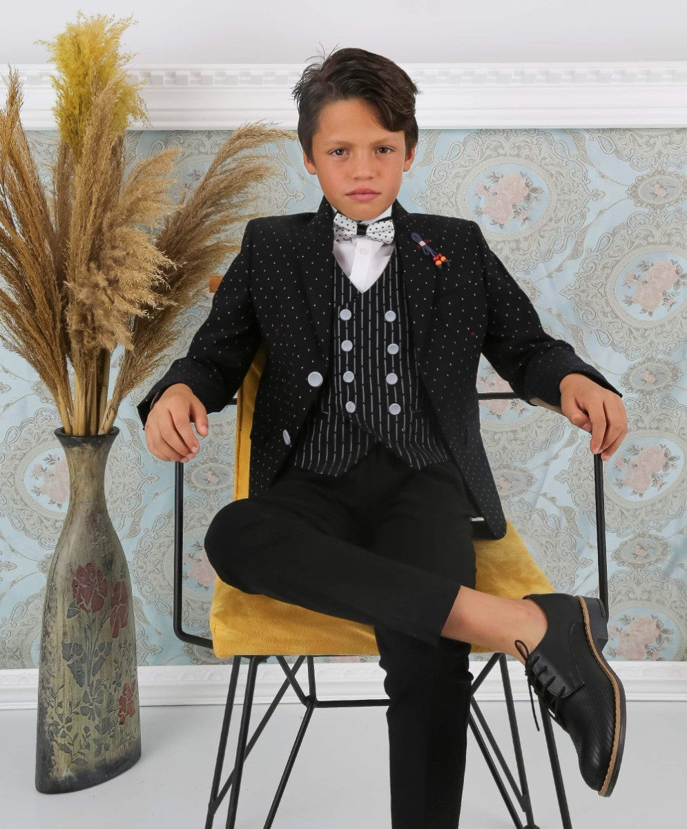 Boys Polka Dot Slim Fit Black Suit - Avagadro - Black